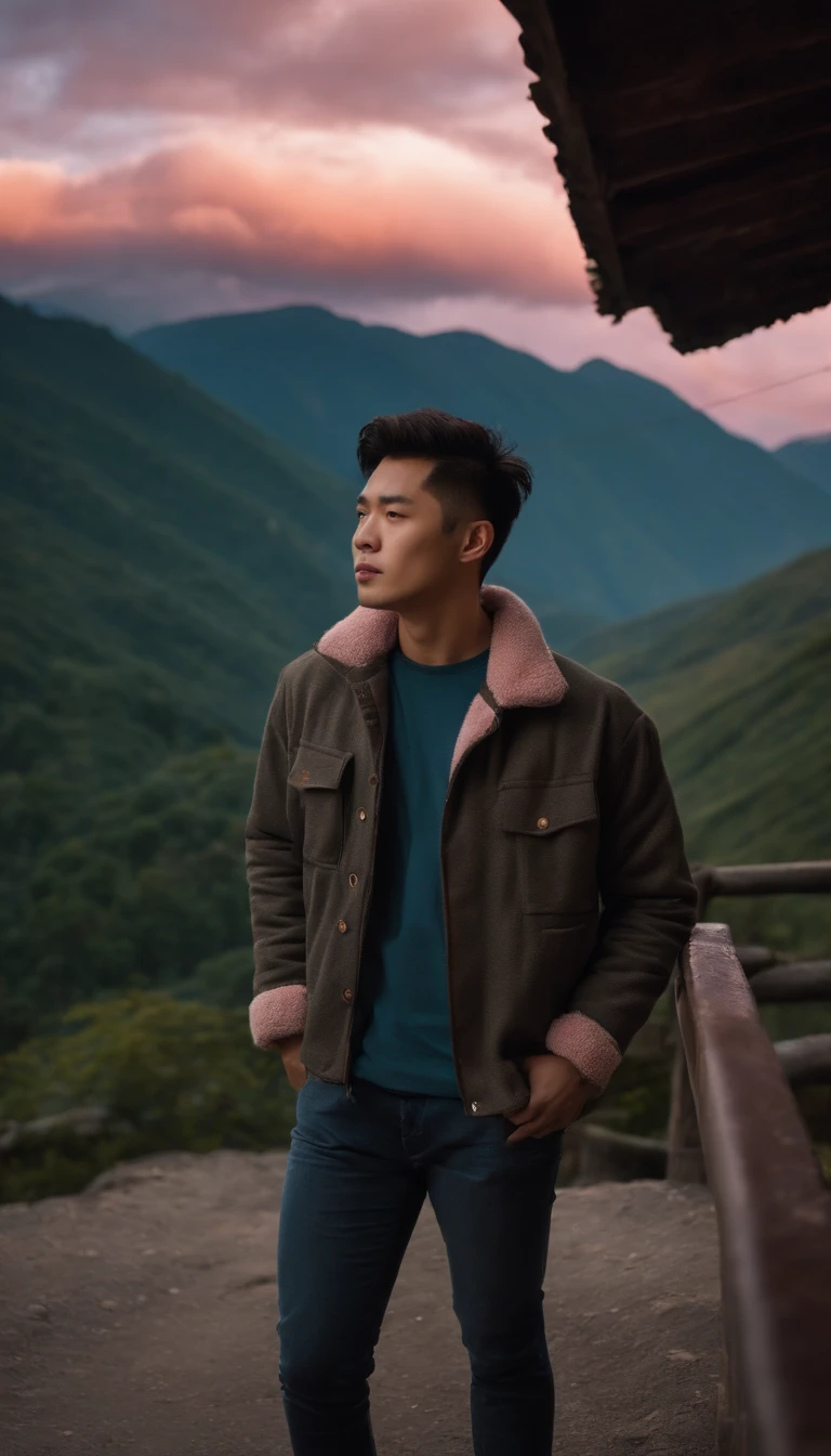 cinematic portrait of an undercut haired Korean man wearing a knit jacket blue, ripped jeans, boots, standing on the street against the backdrop of majestic mountains bathed in the soft light of a cloudy sunset.   The sky was a mixture of warm orange, pink, and purple, with thick clouds rolling on the horizon.   The mountains are rugged and dramatic, covered in lush greenery and dotted with cozy little cabins.  Behind him, you can see a narrow and winding road leading into the distance, posing handsomely while looking at the camera