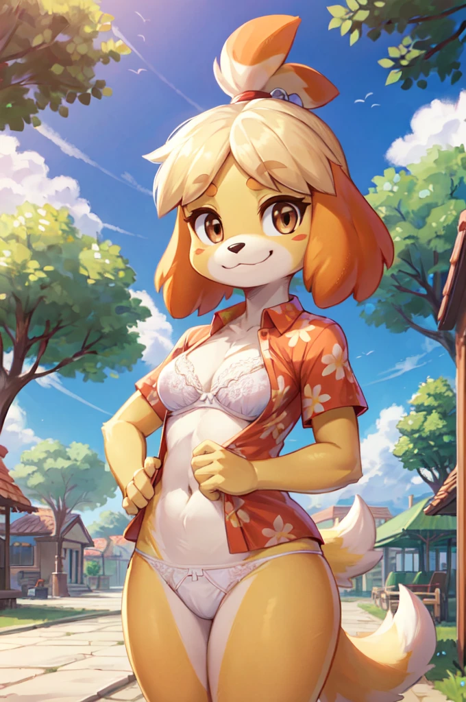 isabelle \(animal crossing\), furry, yellow skin, brown eyes, ((red hawaiian shirt, open clothes, white bra, white panties)), tail, looking at viewer, :3, smirk, standing, outside, plaza, trees, blue sky, high quality, masterpiece, 