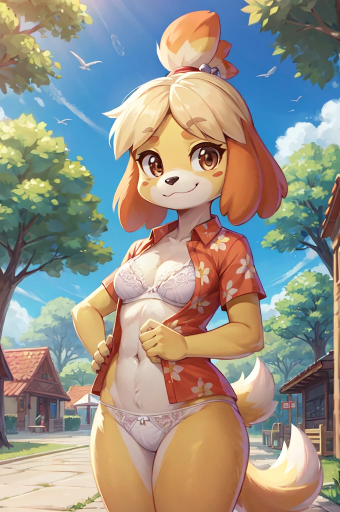 isabelle \(animal crossing\), furry, yellow skin, brown eyes, ((red hawaiian shirt, open clothes, white bra, white panties)), tail, looking at viewer, :3, smirk, standing, outside, plaza, trees, blue sky, high quality, masterpiece,
