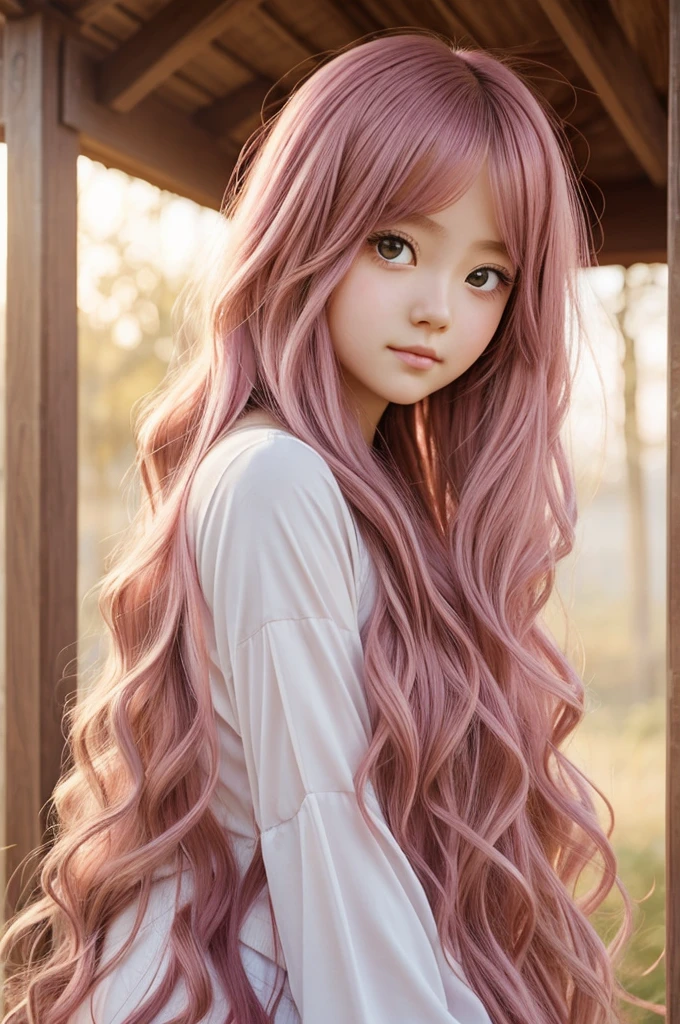 A young anime-style girl with long, wavy pink hair
and large, expressive eyes. She has a soft, gentle expression and appears to be in a serene, dreamlike setting with a blurred, warm-toned background.