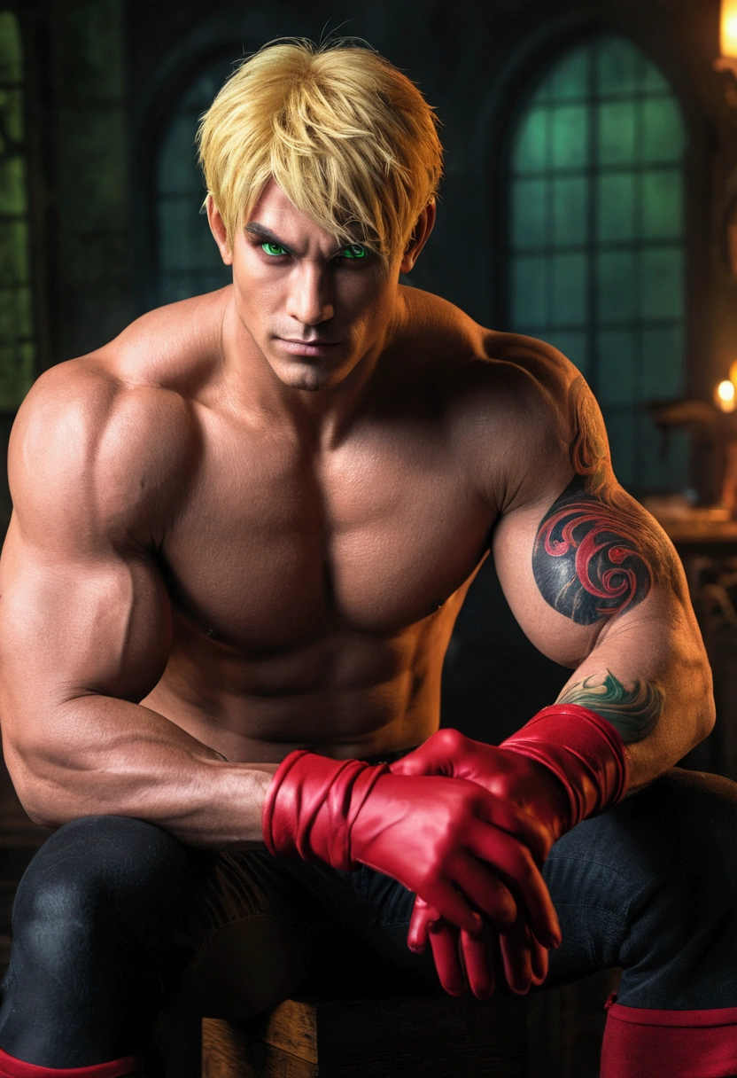 anthro, solo, delga, dragon, clothing, male, topwear, muscular, muscular anthro, j fingerless gloves, green eyes, muscular male, red body, looking at viewer, hi res, bottomwear, tatoo, nake, blonde hair, detailed background, photorealistic, realistic hands, 8k hd, extreme detail, (dark shadows, wide dynamic range, hdr, low light:1.2), by canyne khai,by milkytiger1145,by takemoto arashi,by null-ghost