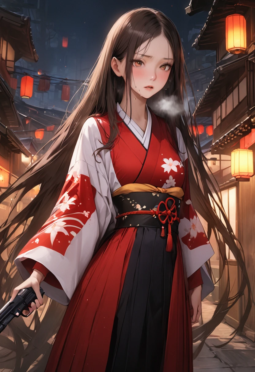 Action Sceneasterpiece,Highest quality:1.3,best quality illustration)),realistic,cowboy shot,独奏,1woman,(18-year-old、Japanese Beauty),dark brown hair,long hair,bangs,brown eyes,gorgeous eyes,((very small head:1.3)),Heavy breathing,((very long body:1.2,skinny)),medium breasts,(Red ribbon tie、White collared shirt、Long sleeve、Navy blue pleated neakers,sweat,gleaming skin,toned body,slender body,(Shooting stance、Shoot a gun),Holding a handgun in your hand、Sneakers、Ruined town、at night、Tokyo、