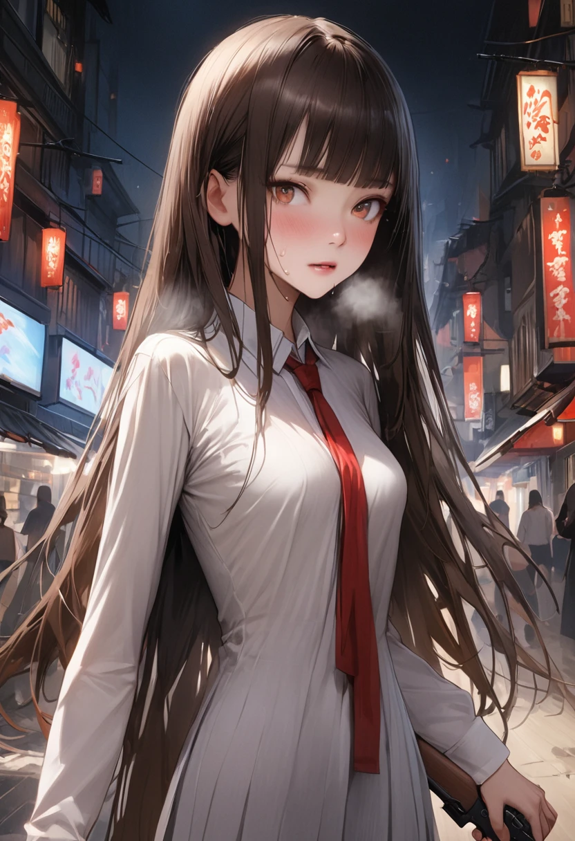 Action Sceneasterpiece,Highest quality:1.3,best quality illustration)),realistic,cowboy shot,独奏,1woman,(18-year-old、Japanese Beauty),dark brown hair,long hair,bangs,brown eyes,gorgeous eyes,((very small head:1.3)),Heavy breathing,((very long body:1.2,skinny)),medium breasts,(Red ribbon tie、White collared shirt、Long sleeve、Navy blue pleated neakers,sweat,gleaming skin,toned body,slender body,(Shooting stance、Shoot a gun),Holding a handgun in your hand、Sneakers、Ruined town、at night、Tokyo、