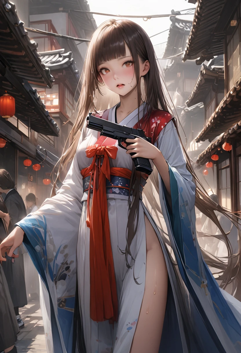 Action Sceneasterpiece,Highest quality:1.3,best quality illustration)),realistic,cowboy shot,独奏,1woman,(18-year-old、Japanese Beauty),dark brown hair,long hair,bangs,brown eyes,gorgeous eyes,((very small head:1.3)),Heavy breathing,((very long body:1.2,skinny)),medium breasts,(Red ribbon tie、White collared shirt、Long sleeve、Navy blue pleated neakers,sweat,gleaming skin,toned body,slender body,(Shooting stance、Shoot a gun),Holding a handgun in your hand、Sneakers、Ruined town、at night、Tokyo、