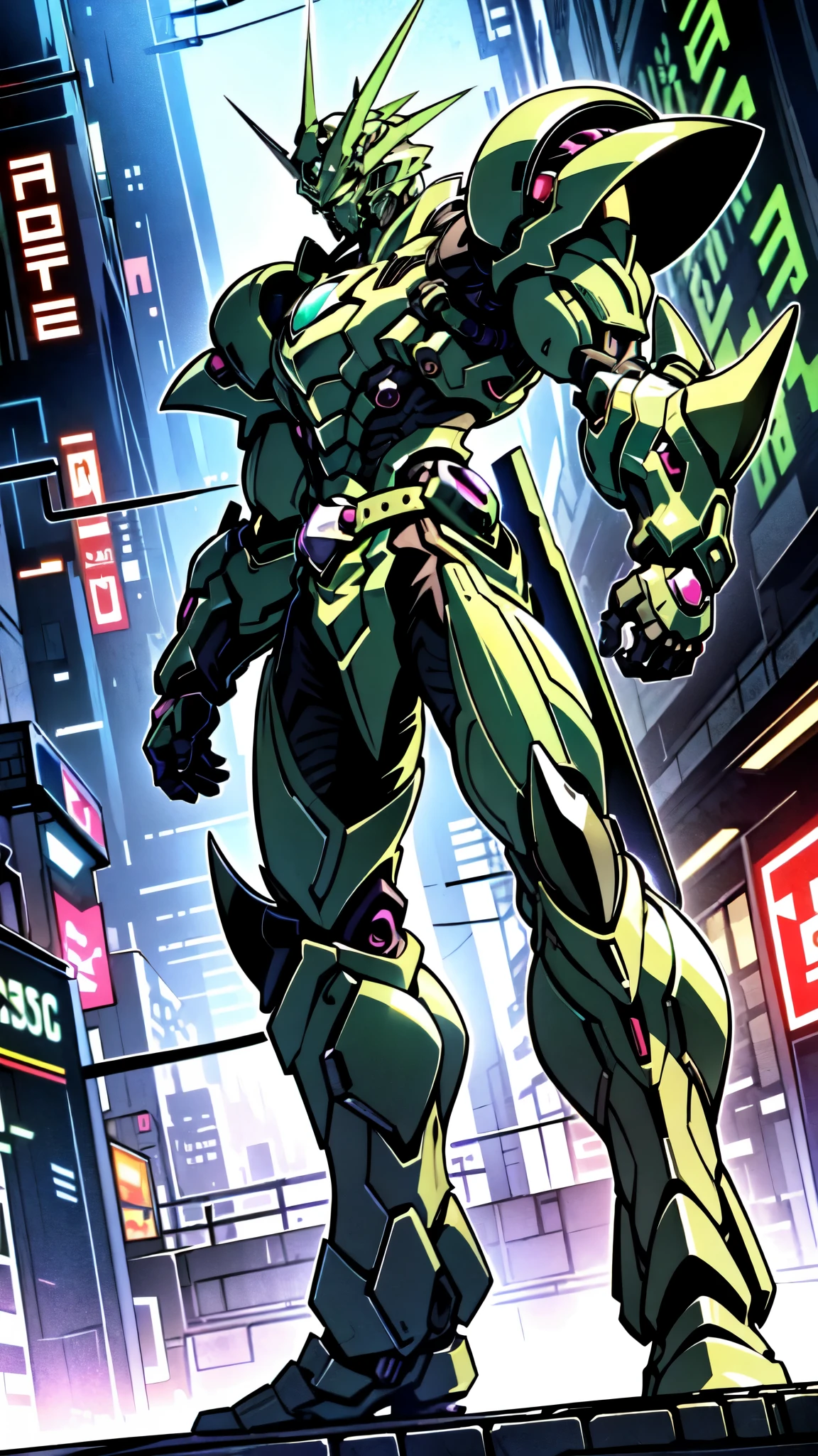 (masterpiece:1.5, best quality:1.5, extremely delicate:1.5, foreshortening:1.5, dynamic angle:1.5), a man wearing a full-face helmet, a fantasy-style biotech armored combat suit, green eyes, (a composite layered chest armor), fully enclosed shoulder guards, matching arm and leg guards, the belt is adorned with neon circuitry, (the color scheme is primarily black with green white accents), the design balances heavy with agility, a high-tech bio-mecha armor, (Armor Concept Inspired by neon Cyberpunk, stand on the top of a skyscraper in a futuristic sci-fi city), this character embodies a finely crafted fantasy-surreal style armored hero in anime style, exquisite and mature manga art style, (element, plasma, energy, the armor glows), ((male:1.5)), metallic, high definition, highres, ultra-detailed, ultra-fine painting, professional, perfect body proportions, golden ratio, anatomically correct, symmetrical face, extremely detailed eyes and face, high quality eyes, creativity, RAW photo, UHD, 32k, Natural light, cinematic lighting, masterpiece-anatomy-perfect