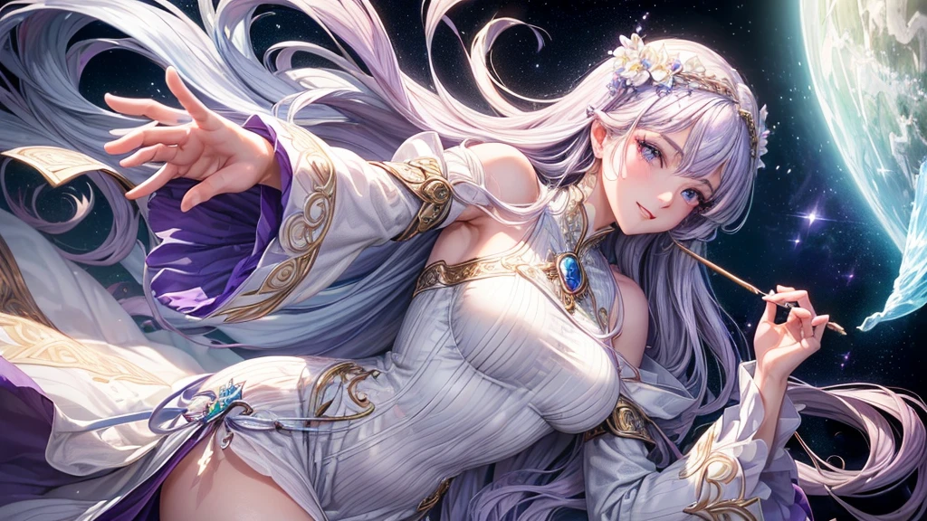 (最high quality, High resolution:1.2), Super detailed, Mysterious, Ethereal atmosphere, Beautiful attention to detail, Detailed lips, masterpiece, Shrinkage rate(8K, 最high quality, masterpiece: 1.2), Fire emblem: Genealogy of the Holy War,Deirdre,purplish-silver hair,Wavy Hair,Fleeting,Long walking stick,White robe,beautiful girl,Moonlit Night,sexy,Glamour,Purple eyes,sacred,Dynamic pose,One Girl,Flower Field,Lakeside(the best品質を最高に8K, CG, Beautiful and exquisite upper body, Complex facial features, Almond Eyes, Exquisite eye makeup, Long eyelashes fluttering, Blinking big eyes, (masterpiece, 最high quality, the best, Official Art, Beautiful and beautiful, Long-term exposure: 1., Smooth movement, Attractive patterns, 1 Girl, (Long sleeve dress: 1.3), (((White clothes) )), Delicate face,Lavender colored hair, Gradient Hair,Long Hair, Bare shoulders, ,Detailed Background, Delicate face,, Dynamic pose, Suspended particles, Ethereal atmosphere,gem,One Girl,goddess，Delicate and beautiful face,Flowing，Perfect balance,  masterpiece, Textured skin, Very detailed, High detail, high quality, High resolution,Smile