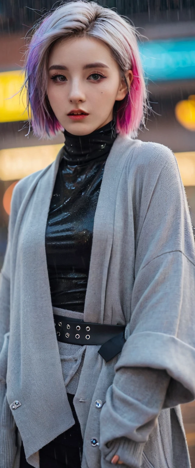 portrait, 1 girl, Pretty Face, Asymmetrical hair, Multi-colored hair, belt, Tights, Cover your mouth, Cover the navel, Separate sleeves, Gray eyes, - Hip vents, Cardigan jacket, Lovely, Look at the audience, of the night city, neon, rain,