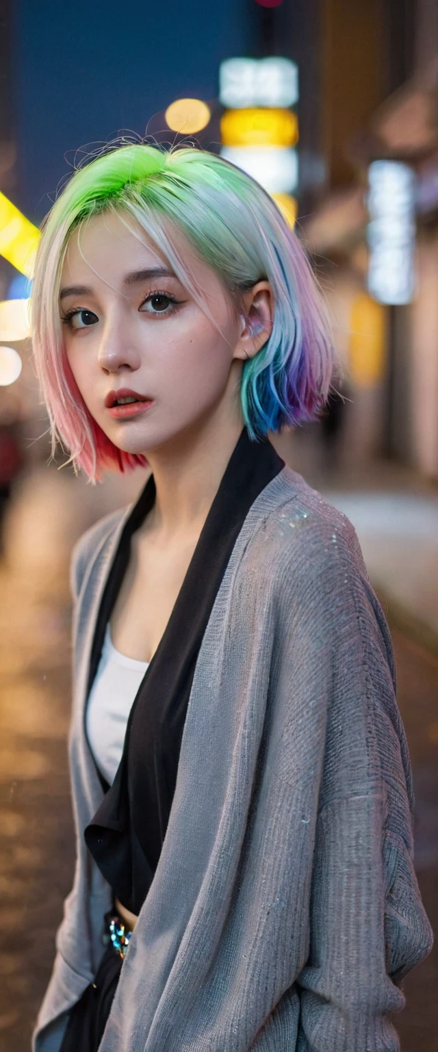 portrait, 1 girl, Pretty Face, Asymmetrical hair, Multi-colored hair, belt, Tights, Cover your mouth, Cover the navel, Separate sleeves, Gray eyes, - Hip vents, Cardigan jacket, Lovely, Look at the audience, of the night city, neon, rain,