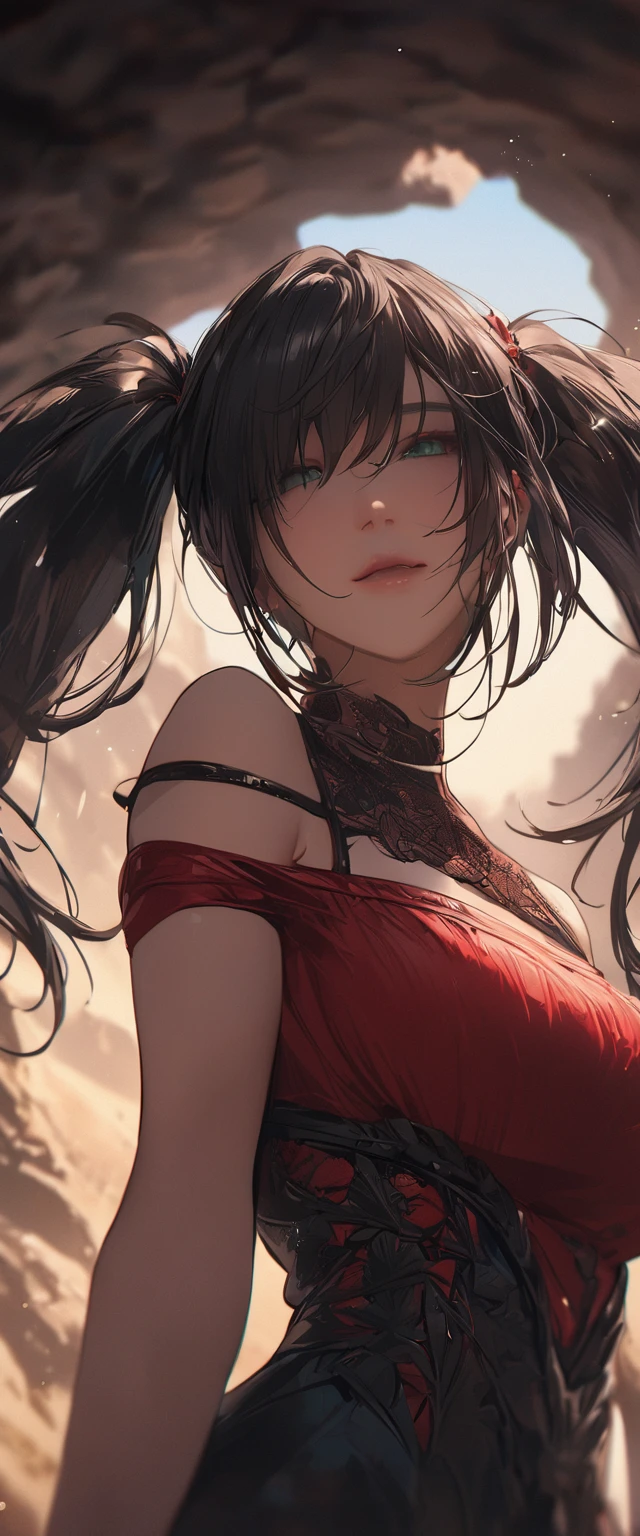 Photo of a woman with natural skin, Seaside cave, The light is shining in, Upper Body, Smiling, High Twintails, Black hair with red mesh, Sharp eyes with red eyeshadow, Blue-green eyes, Shining eyes, A thin, upturned nose, Well-shaped lips, Big Breasts, ((Black off-the-shoulder dress, Thin shoulder straps)), barefoot, Makeup, Exquisitely crafted with the utmost attention to detail, Vibrant, amazing, Smooth, Cinematic, 4K, Backlight, (()), Shallow depth of field, ((Detailed eyes:1.3, Detailed lips:1.3, high quality, )), masterpiece, Super detailed images, High quality