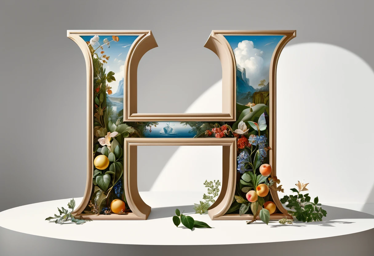 A large letter H in nude style surrounded by new ideas and fantasies in the image of a still life and full naturalism, detailed, clear, masterpiece, master's work, volume, high resolution, 32k