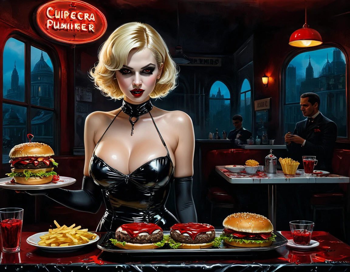 a 3D digital painting picture of extremely (beautiful female vanpire:1.3) ((serving a big juicy raw hamburger: 1.3)) on a tray, dripping blood in a goth American diner, an exquisite beautiful female (vampire:1.3), (full body: 1.3) ultra feminine ultra detailed face, blond hair, short hair, red lips, red eyes, glowing eyes, wearing  glamour white seductive latex dress, serving a goth diner American kitchen background, full body dynamic angle, , award winning, best quality, high quality, high details, highres, vibrant, Ultra-high resolution, High Contrast, (masterpiece:1.5), highest quality, Best aesthetics, best details, best quality, highres, ultra wide angle, 16k, [ultra detailed], masterpiece, best quality, photorealistic, 3D rendering, Cinematic Hollywood Film, chumbasket art style