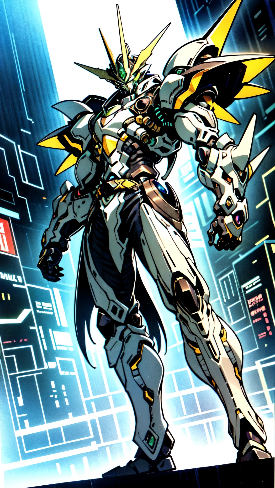 (masterpiece:1.5, best quality:1.5, extremely delicate:1.5, foreshortening:1.5, dynamic angle:1.5), a man wearing a full-face helmet, a fantasy-style biotech armored combat suit, green eyes, (a composite layered chest armor), fully enclosed shoulder guards, matching arm and leg guards, the belt is adorned with neon circuitry, (the color scheme is primarily black with green white accents), the design balances heavy with agility, a high-tech bio-mecha armor, (Armor Concept Inspired by neon Cyberpunk, stand on the top of a skyscraper in a futuristic sci-fi city), this character embodies a finely crafted fantasy-surreal style armored hero in anime style, exquisite and mature manga art style, (element, plasma, energy, the armor glows), ((male:1.5)), metallic, high definition, highres, ultra-detailed, ultra-fine painting, professional, perfect body proportions, golden ratio, anatomically correct, symmetrical face, extremely detailed eyes and face, high quality eyes, creativity, RAW photo, UHD, 32k, Natural light, cinematic lighting, masterpiece-anatomy-perfect