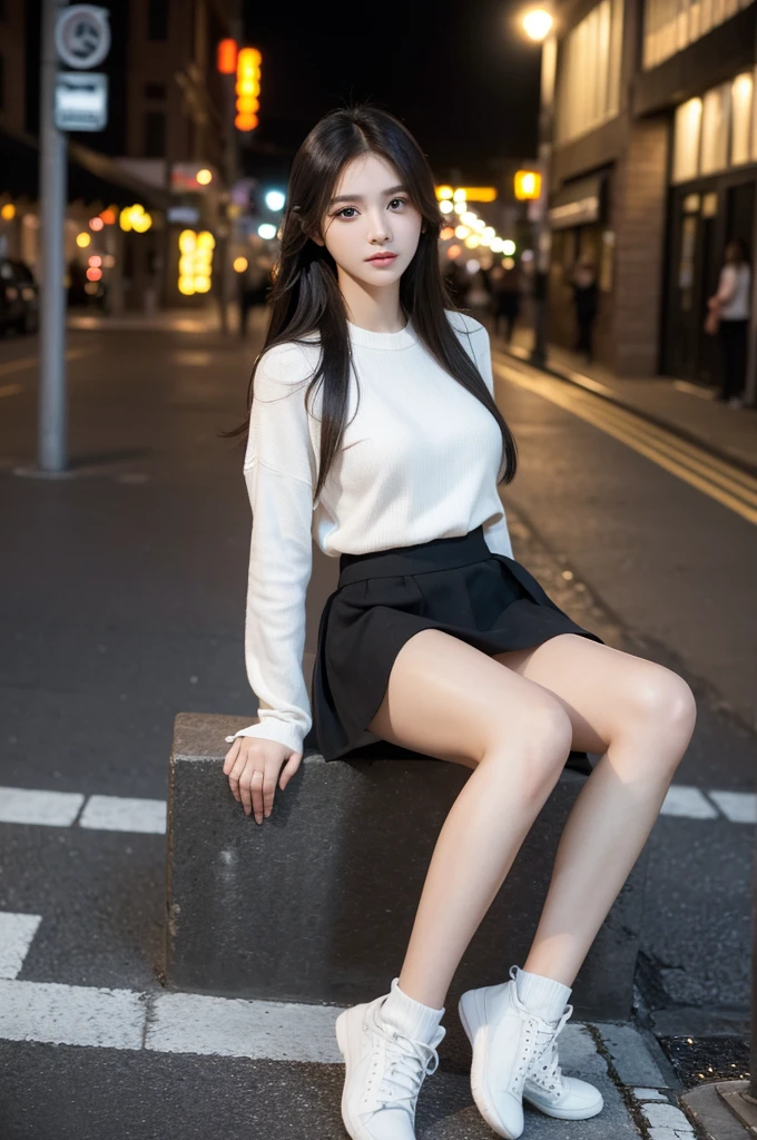 a beautiful young woman, full body shot, extremely detailed face and eyes, flawless skin, long eyelashes, delicate features, serene expression, cut lighting, warm color tones, photorealistic, 8k, best quality, masterpiece. wearing black and white checked miniskirt. waling on the pavement.