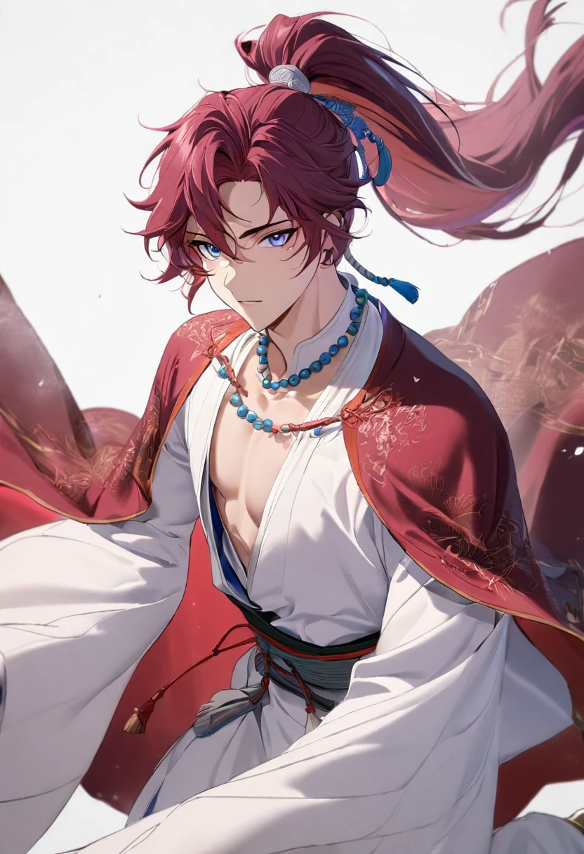 (1 boy:1.5), (burgundy color hair:1.2), (Beautiful Eyes), Detailed face, Elegant Features, Dreamy Style, China_ High Ponytail, China_Hanfu, Taoist Robe, (Blue and white outfit:1.5), Decorative Robe, Towards the boots, Digital Art, White Background, Simple Background, Gentle expression, Beaded Necklaces, Stand on your own two feet, Lesbians all over, Romanticism, Wandering Knight, 非常に美しいサイバーパンクDigital Artワーク, Male Focus, good looking, Heroic look, Adonis, Anime Style, Written boundary depth, Textured skin, Attention to detail, high quality, 8K