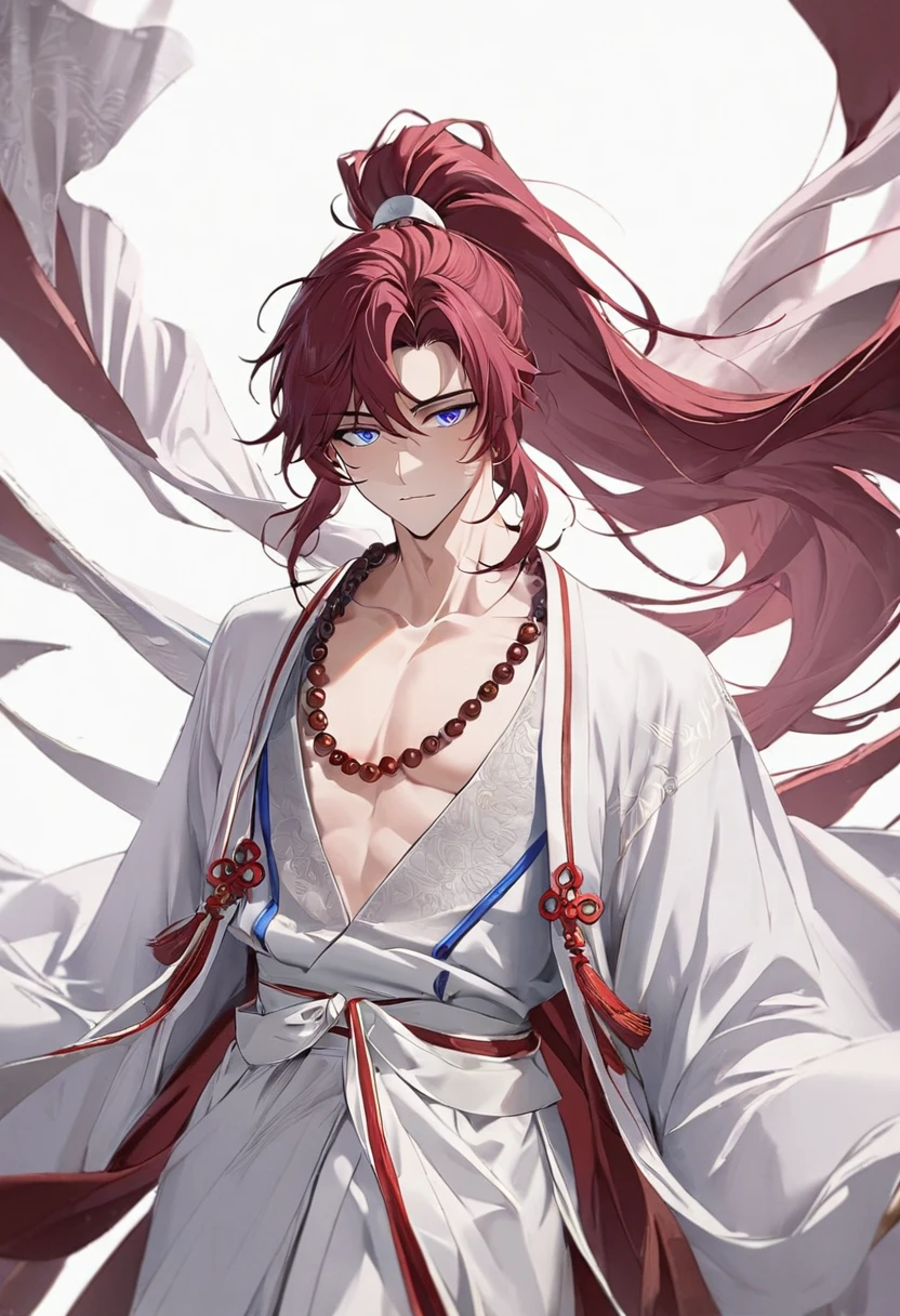 (1 boy:1.5), (burgundy color hair:1.2), (Beautiful Eyes), Detailed face, Elegant Features, Dreamy Style, China_ High Ponytail, China_Hanfu, Taoist Robe, (Blue and white outfit:1.5), Decorative Robe, Towards the boots, Digital Art, White Background, Simple Background, Gentle expression, Beaded Necklaces, Stand on your own two feet, Lesbians all over, Romanticism, Wandering Knight, 非常に美しいサイバーパンクDigital Artワーク, Male Focus, good looking, Heroic look, Adonis, Anime Style, Written boundary depth, Textured skin, Attention to detail, high quality, 8K