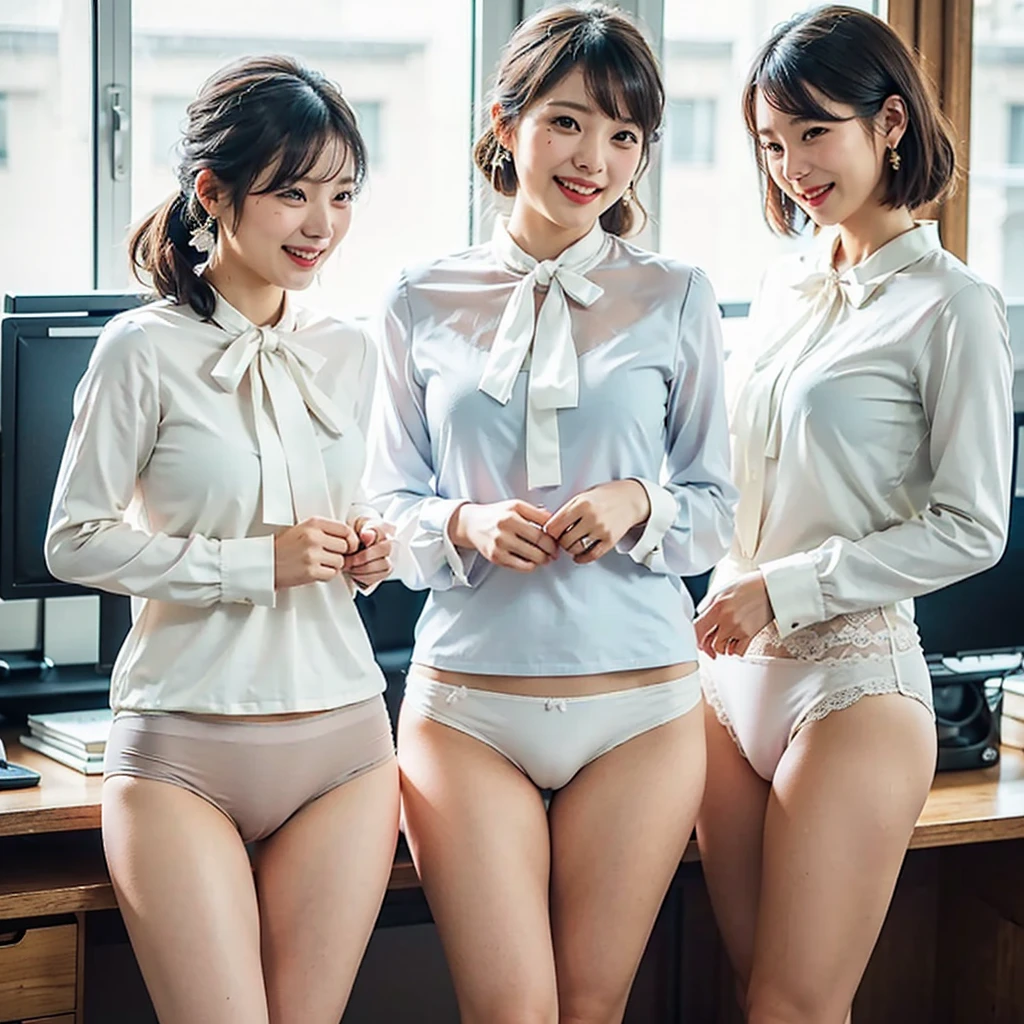 (A close-up photo of two beautiful Japanese office ladies), Everyone looking at the viewer, ((All standing side by side)), (in a large office), (All laughing), Highest Resolution, masterpiece, (All wearing elegant formal white long-sleeve blouse, white bow-tie and panties), All wearing earrings, (All exposing thigh), midriff-baring