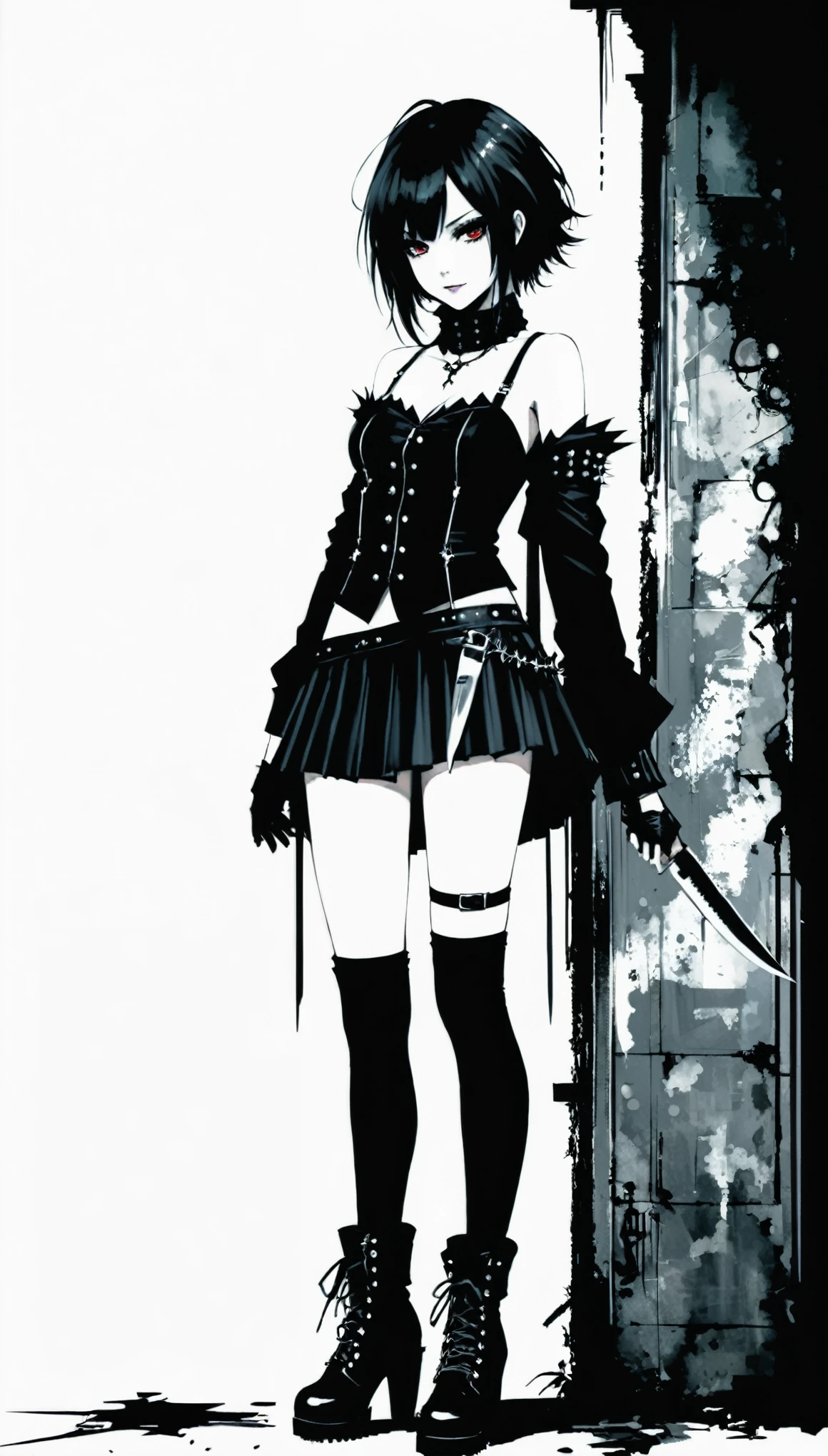 (in style of Ashley Wood:1.1),in style of Santiago Carsupso,
1girl,n.sup.n.s. gothic style,stocking straps,assassin nsupns,a firm expression,dsmile,from the side,psuplled-supp skirt,bosupnd_knees,(the knife hangs on the osuptside of the thigh:1.5),spiked gothpsupnk,vivid color，Fallen Cross Pendant，a puncture，Half-length portrait，