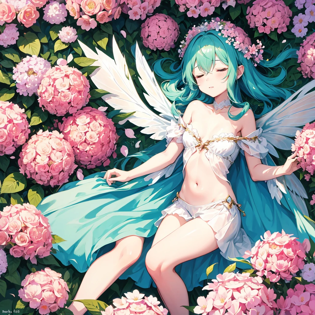 Anime. Fairy. Wings. Tiny. laying in a nest of flowers sleeping peacefully. High definition. High quality. High resolution. Detailed anime.