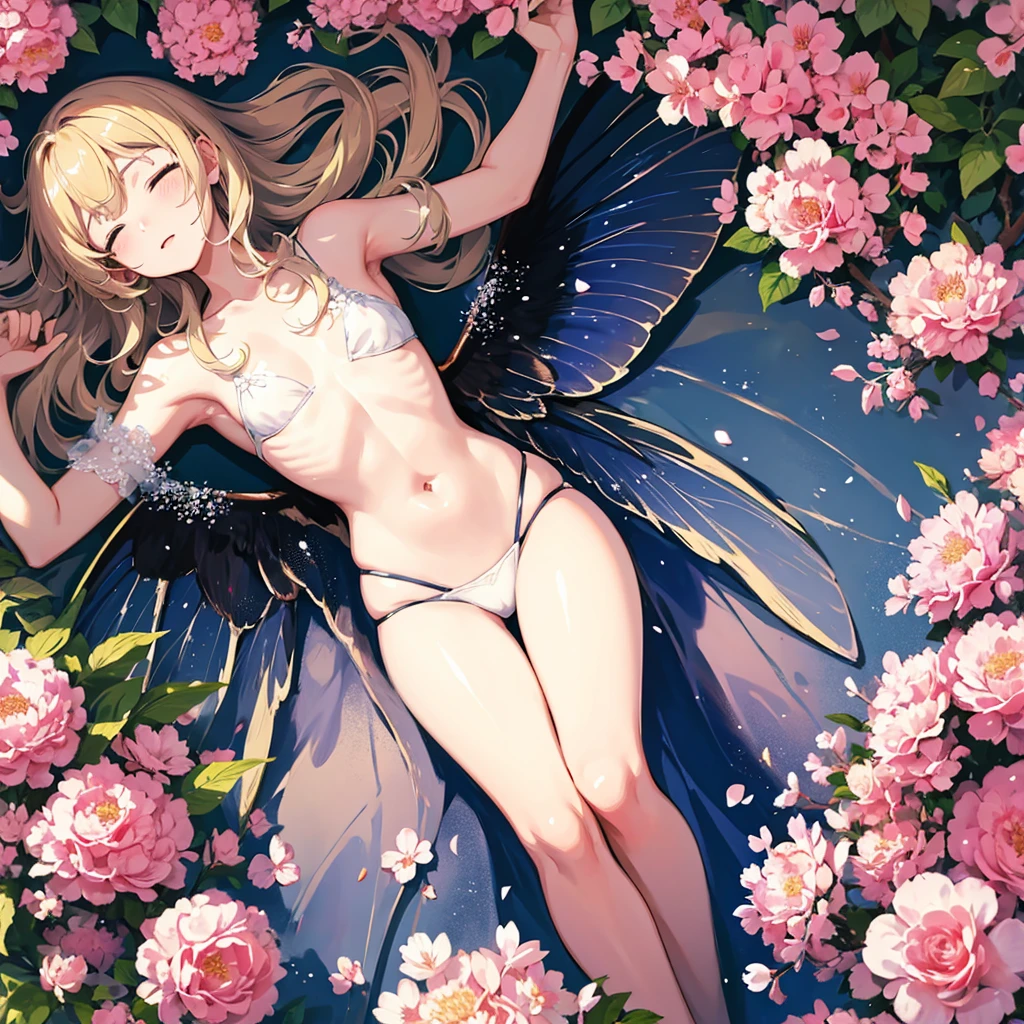 Anime. Fairy. Wings. Tiny. laying in a nest of flowers sleeping peacefully. High definition. High quality. High resolution. Detailed anime. 