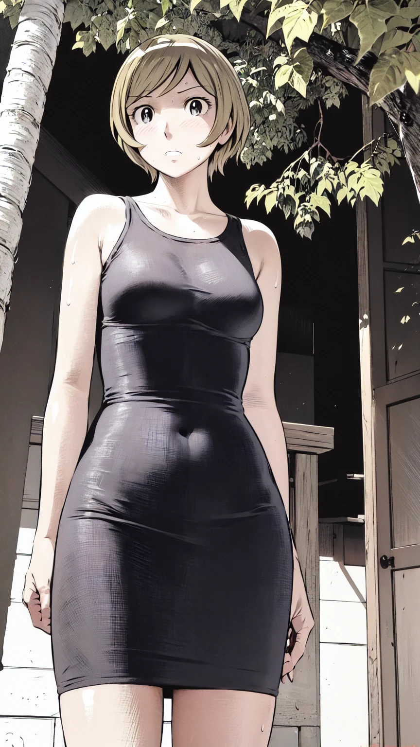 、(masterpiece、Highest quality)、Highest quality, Ultra-high resolution, (((masterpiece))), alone, Sweat、Big eyes, Sleeveless、Outdoor、Floral Dress、Composition from the front、(後ろCut your hair short、short hair、blonde、woman)、Shortcuts、Embarrassed face、Cut your hair short、可愛いwomanの子、Big Breasts、Browsing Caution
