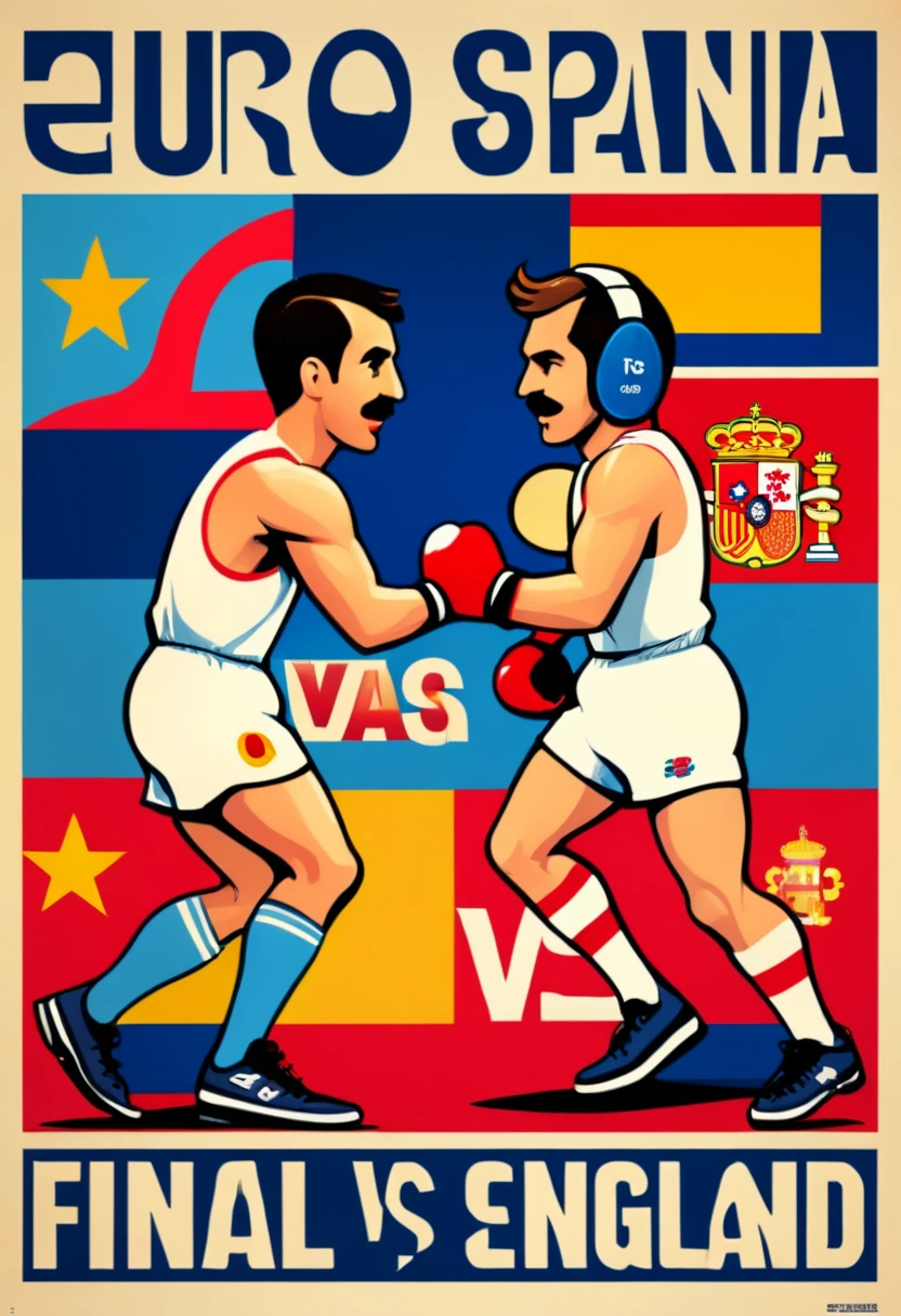 boxing retro style poster, text big "Cony vs Dafo", text header "Euro 2024 Final" Text "15:00 Espana vs England", colours spain vs england