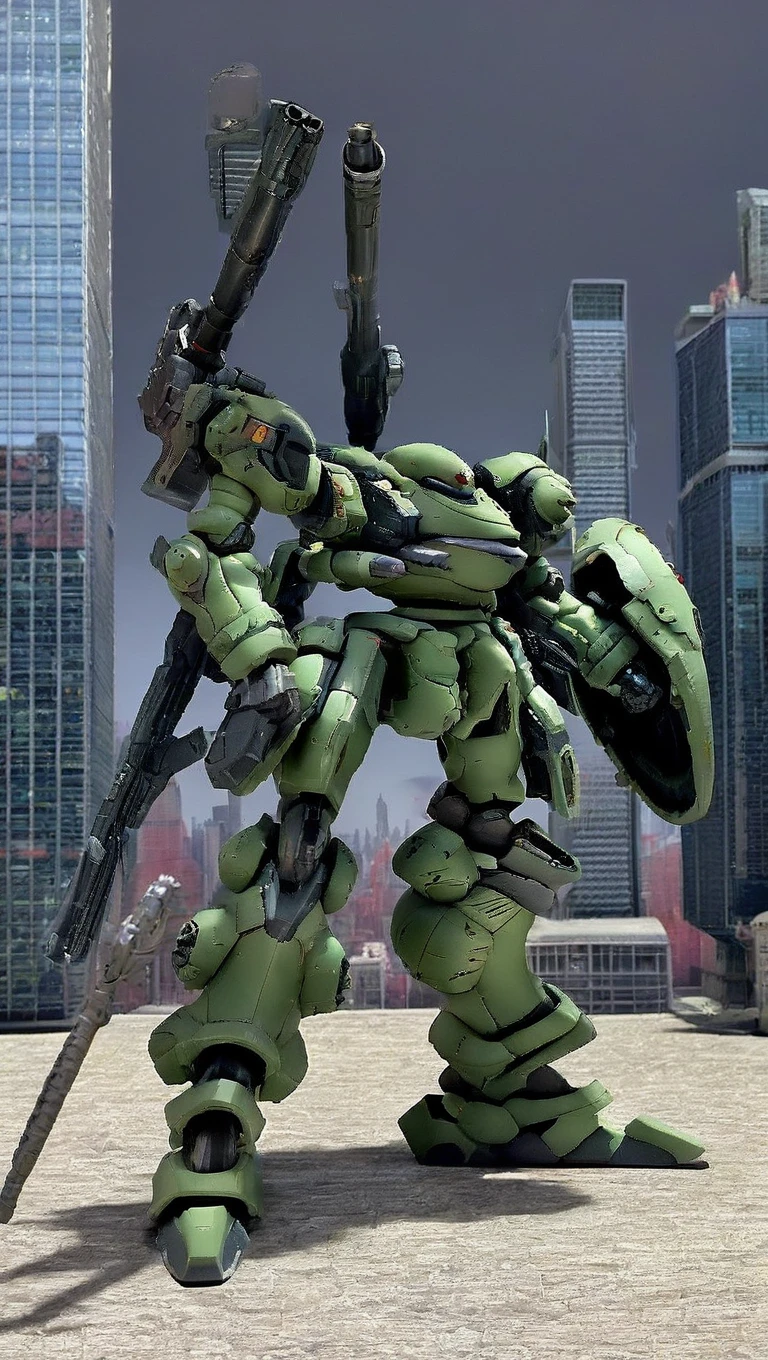 concept art of (zeon:0.4), (MRS:1.2), (ARMOREDCORE:0.8) , (very biggest size mecha:1.6),long legs,  mecha  armor, full armor,glowing eyes, (city:1.5), (full body:1.2),clenched hand, mechanical parts, robot joints,(holding huge weapon:1.5) ,(huge mechanical shield:1.2),best quality, masterpiece, highly detailed, ultra-detailed,(huge mechanical weapon:1.3),(detailed armor:1.2),(detailed shield :1.2),(detailed weapon:1.2),(huge mechanical gun:1.2)
, digital artwork, illustrative, painterly, matte painting, highly detailed