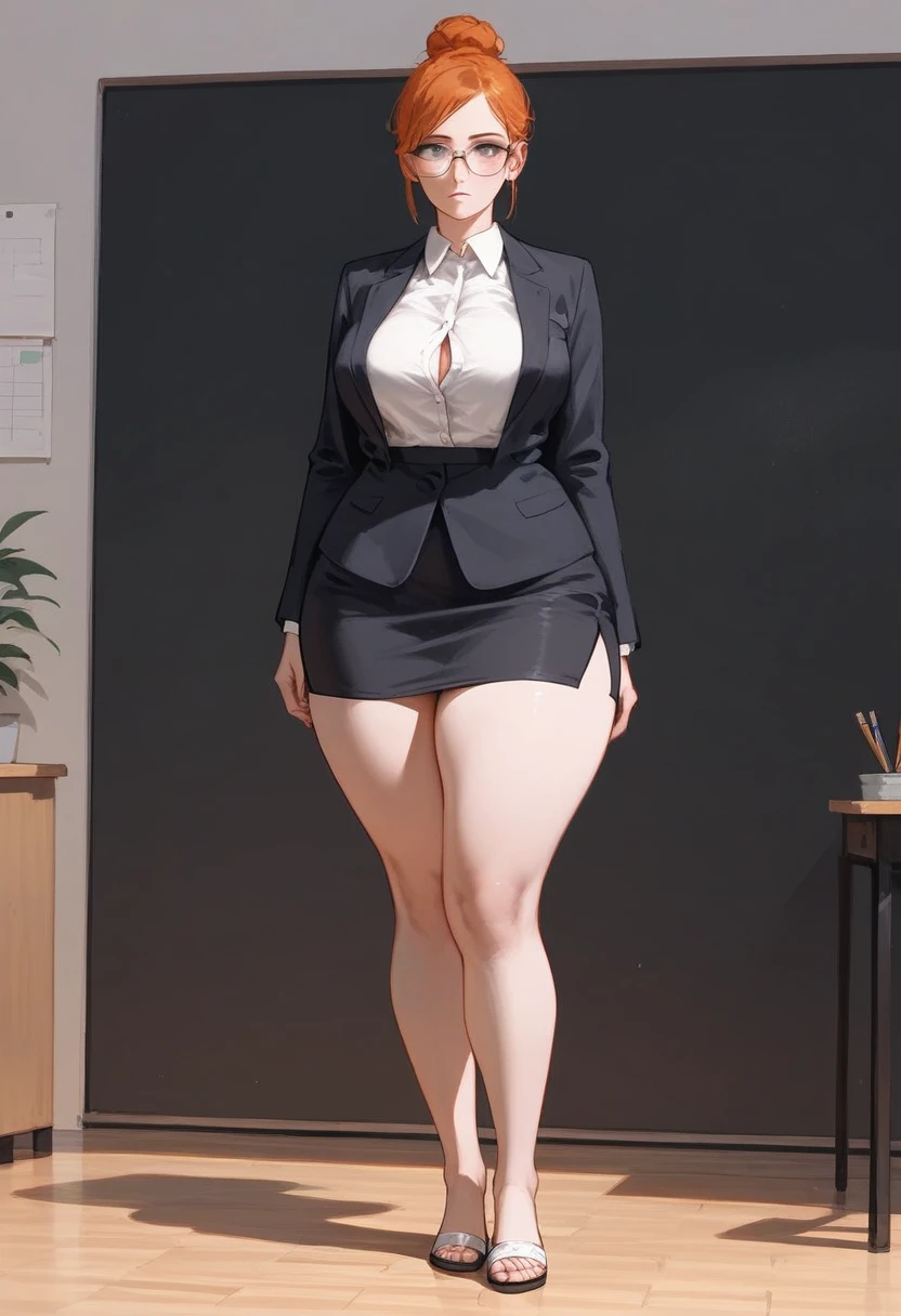 female teacher, pale porcelain skin, short ginger hair in a sleek hairbun, strict facial expression, glasses, wearing a black blazer over a white blouse, busty, wearing a tight black pencil skirt, has wide hips, thick thighs, large thighs, thighs pressed together, thick legs, wearing small black slip on flats on her feet, standing, entire body showing including legs and feet, feet shown in photo, standing far away