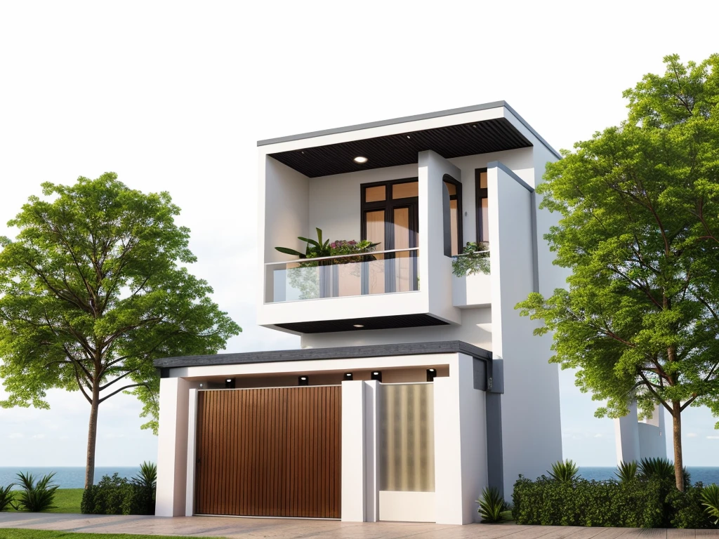 PLATFORM KTHOUSE, 1 morden villa, main material of villa about build color wall:1.2 glass panel:1.1 and stone:1.2, 1large yard, 1 road runs in front of the house, (RAW photo, real, best quality, masterpiece:1.2), look morden minimalist, blue sky :1.3, (hyper realistic, photo-realistic:1.2), high quality, (dawn lighting:1.3), perfect lighting, archdaily