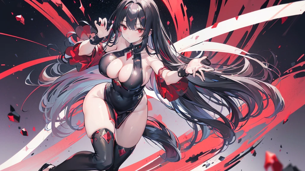 (Exquisite eyes),(Clear and beautiful eyes:1.61),masterpiece, 1 young girl,(Black clothes and some red gems), Black long hair, (She has a huge red gem on her chest), Good Hand,((The Havoc of StarCraft)),full-body shot,Fighting Stance,(Red Eyes:1.466)，short and small,(Very big breasts:1.35),(Pretty Face),(full-body shot:1.33),Beautiful hands