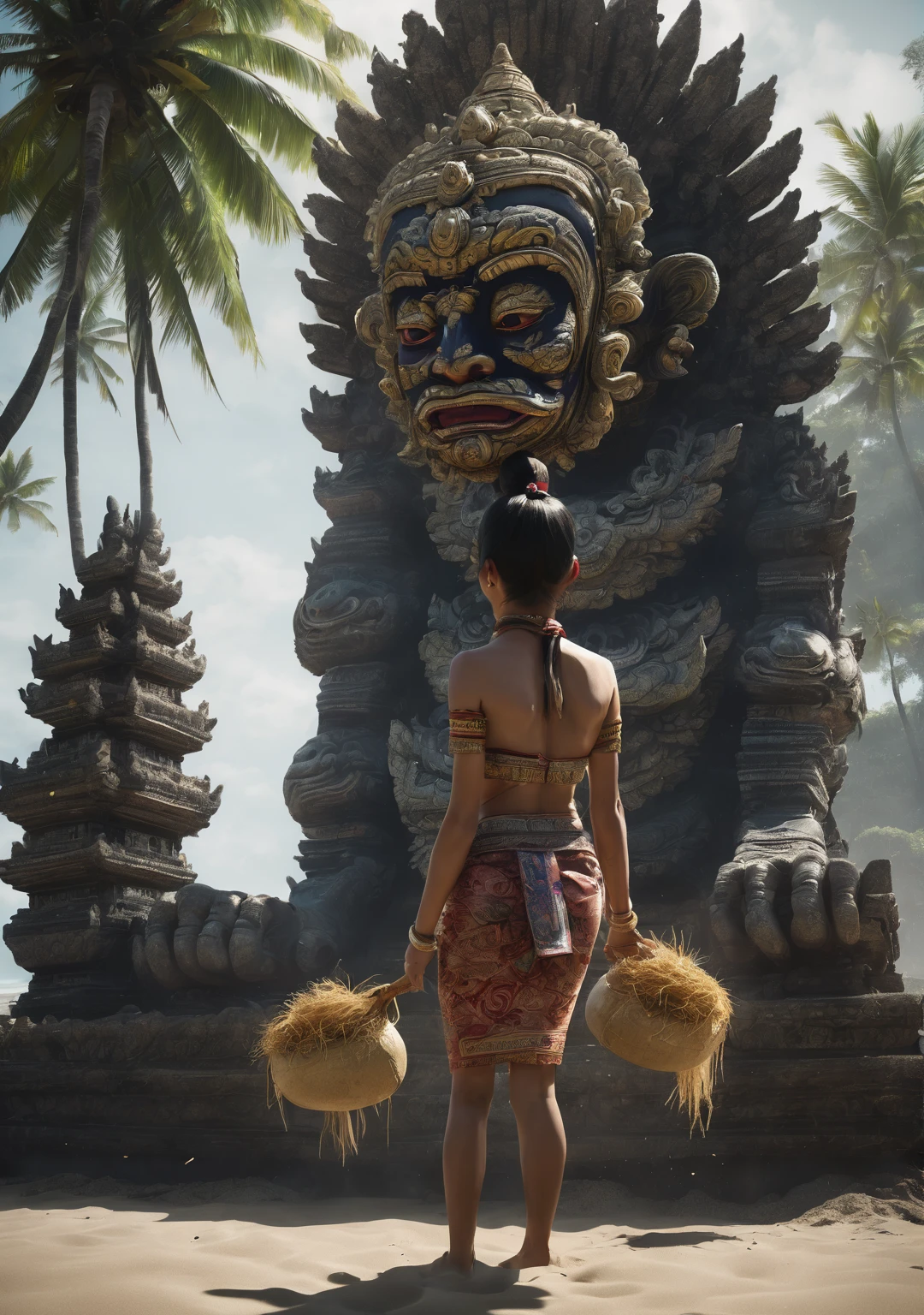 Underexposed, cinematic 3D matte paint render; The head of a giant Salines Barong, emerges from the ground, splashing sand everywhere. A girl in a Balinese costume, seen from behind, sits on the ground, holding offerings. The girl is not afraid of the scary presence of the Barong. Focus on the girl and the Barong face; Dramatic lighting