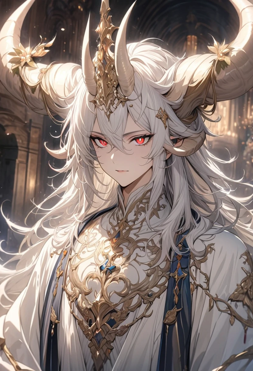 (masterpiece, Very detailed, Exquisite, beautiful, Full HD, High resolution, Absurd)Create a detailed anime-style illustration of a beautiful male character. He has short white hair and sharp eyes. He has large horns on his head, giving him a mystical and fantastical appearance. He is wearing intricately decorated white attire, with delicate adornments. The background features a majestic building softly blurred. The lighting should be gentle to emphasize the character's features and the texture of his outfit.