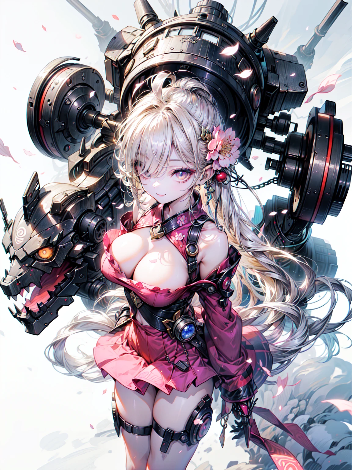 super high quality、8K quality、High resolution、Image quality captured with a single-lens reflex camera、(SFW)、Perfect Anatomy、(cherry blossoms🌸がテーマ）Oiranメカガール、Beautiful blonde 20 year old girl.Orange eyes、Cowboy Shot、(Good shape、Normal chest、)、3d realistic black machine parts、（Shoulders and one leg are exposed:1.2）(Rear mechanical unit)、Blake、(Wear a bright pink outfit、Long hem、Oiran:1.2)(Mechanical parts below the elbows and knees:1.3)、Blake、（Perfect Anatomy:1.4）、Blake、（Cherry-blossom viewing、Raise one hand、avert your eyes:1.2)cherry blossoms々(渡月橋の周囲に舞うcherry blossomsの花びら:1.3)(Portrait Angle、Top View:1.3)、Machinery Armor、Organic Armor Cyborg、Armor Texture、Blake、(Dark Elf), (1 Girl), alone, Perfect Face, Get used to it, Ahoge, ((Long Hair:1.2)), (Hair above one eye:1.3), [[Messy Hair]], Shiny blonde white hair, Purple eyes, Variegated eyes, Colorful Hair, Shining Eyes, (eyelash, eye shadow, pink eye shadow), bright, smile, Design Art：haruhiko mikimoto, by Kawashi, By Yoshitaka Amano, Dark Skin