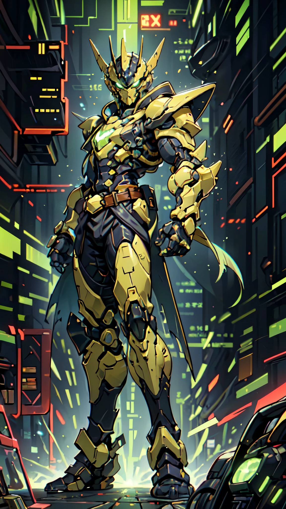 (masterpiece:1.5, best quality:1.5, extremely delicate:1.5, foreshortening:1.5, dynamic angle:1.5), a man wearing a full-face helmet, a fantasy-style biotech armored combat suit, green eyes, (a composite layered chest armor), fully enclosed shoulder guards, matching arm and leg guards, the belt is adorned with neon circuitry, (the color scheme is primarily black with green white accents), the design balances heavy with agility, a high-tech bio-mecha armor, (Armor Concept Inspired by neon Cyberpunk, stand on the top of a skyscraper in a futuristic sci-fi city), this character embodies a finely crafted fantasy-surreal style armored hero in anime style, exquisite and mature manga art style, (element, plasma, energy, the armor glows), ((male:1.5)), metallic, high definition, highres, ultra-detailed, ultra-fine painting, professional, perfect body proportions, golden ratio, anatomically correct, symmetrical face, extremely detailed eyes and face, high quality eyes, creativity, RAW photo, UHD, 32k, Natural light, cinematic lighting, masterpiece-anatomy-perfect