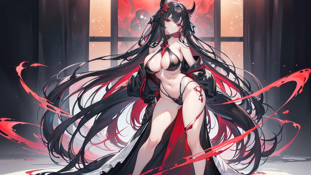 (Exquisite eyes),(Clear and beautiful eyes:1.61),masterpiece, 1 young girl,(Black clothes and some red gems), Black long hair, (She has a huge red gem on her chest), Good Hand,((The Havoc of StarCraft)),full-body shot,Fighting Stance,(Red Eyes:1.466)，short and small,(Very big breasts:1.35),(Pretty Face),(full-body shot:1.33),Beautiful hands