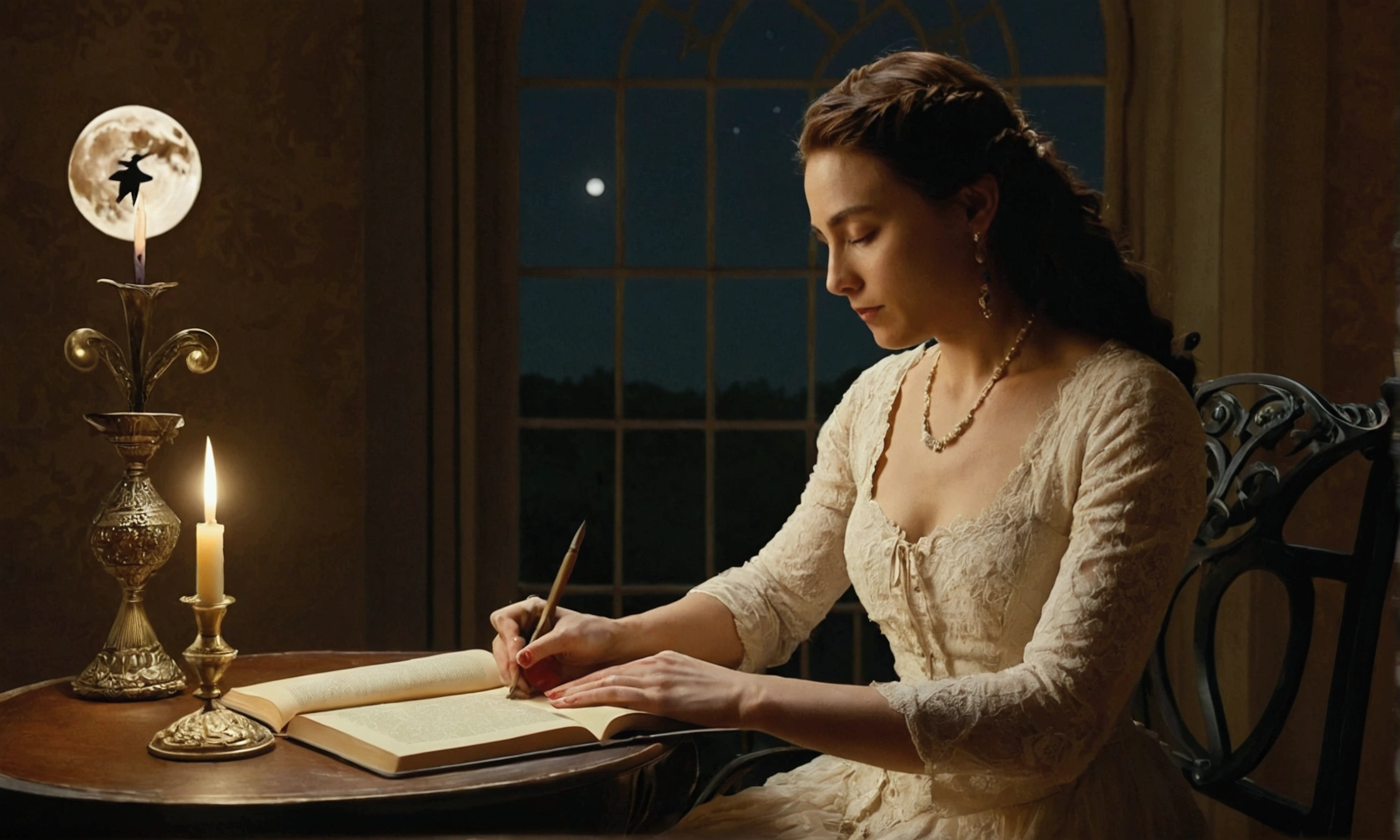A woman sitting in a chair writes with a quill, in the book on the table facing the window lit by the light of the full moon