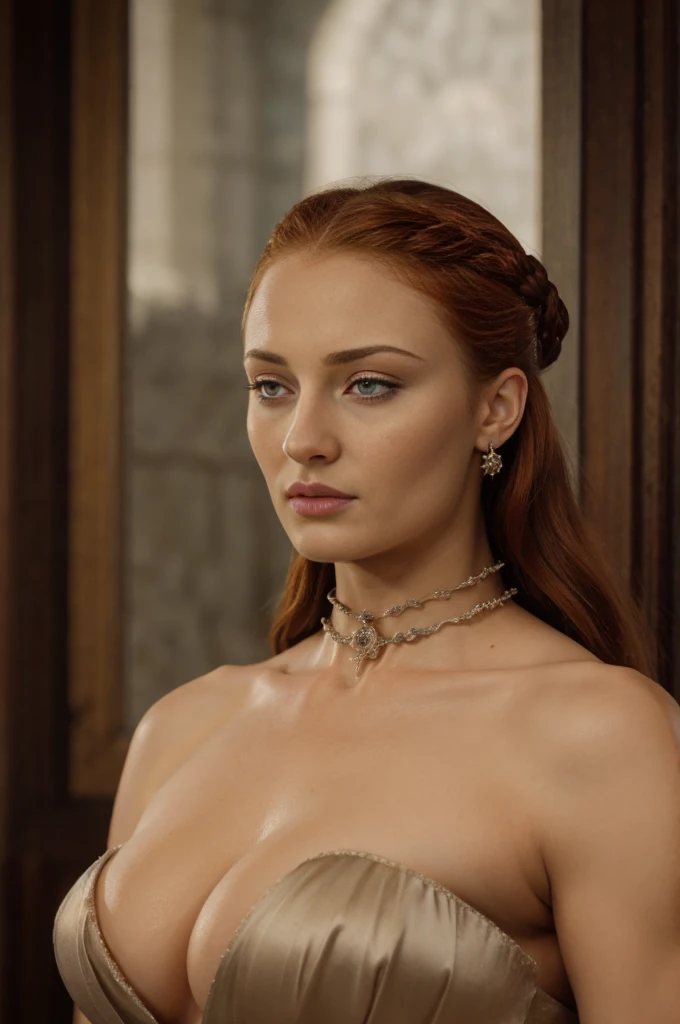 Face of Sophie Turner, Sansa Stark played by Sophie Turner, the de facto Lady of the Eyrie, is a 40-year-old mature queen with a stunning, alluring appearance. Regally standing amongst elderlymen councils. Full Face, Full figured woman, pierced eyes, reddish lips, (half body shot), erotic Mediaeval lewd off-the-shoulders sleeveless costumes, game of thrones costumes, satin-silken regal gloves, decorated jewelries befitting for regal noble lady, [She wears a Game of Thrones-inspired off-the-shoulders sleeveless costume and has a deep cleavage plunging neckline with heavy mommy milkers], a perfect thick body, and a perfect fleshy thick figure. Thick fleshy arms. Naturally heavy mommy milkers. Perfectfully sculpted collarbones. [arm behind my head]. Seem to be talking to the elderly councilmen surrounding her. Body worships. The photograph captures DSLR shot, with her skin texture and facial features being ultra-realistic and realistic. Juicy thick figure, high quality skin, Skin pores, amazing details, snow, snow flakes, semi realistic, extremely detailed eyes, dark moody orange and black settings, cool environment, artificial intelligence