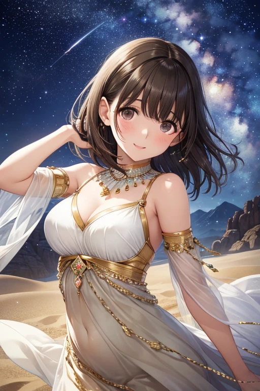 anegasaki nene、Shiny brown hair, short hair, (Beautiful brown eyes、Sparkling eyes, Fine grain)、smile、Ultra-detailed eyes、Very detailedな顔, Very detailedな目,


Highest quality, Highest quality, 16K, SFW, Unbelievably absurd, Very detailed, delicate and dynamic, Natural light, The particles reflect the colors of the rainbow, Diffuse reflection of light, Vortex of Light, There are many sandstorms, Beautiful desert, Colorful starry sky, Beautiful starry sky, milky way, shooting star, Moonlit Night, Sand Dunes, Create amazing image effects, Upper body close-up, pyramid, 
(Cute sexy girl, Firm chest, Sensual expression, Passionate, Hilarious, Vibrant, Arab royalty, Arabian Princess, Arabian Long Dress, Gorgeous Dress, Lavish decoration, dance)