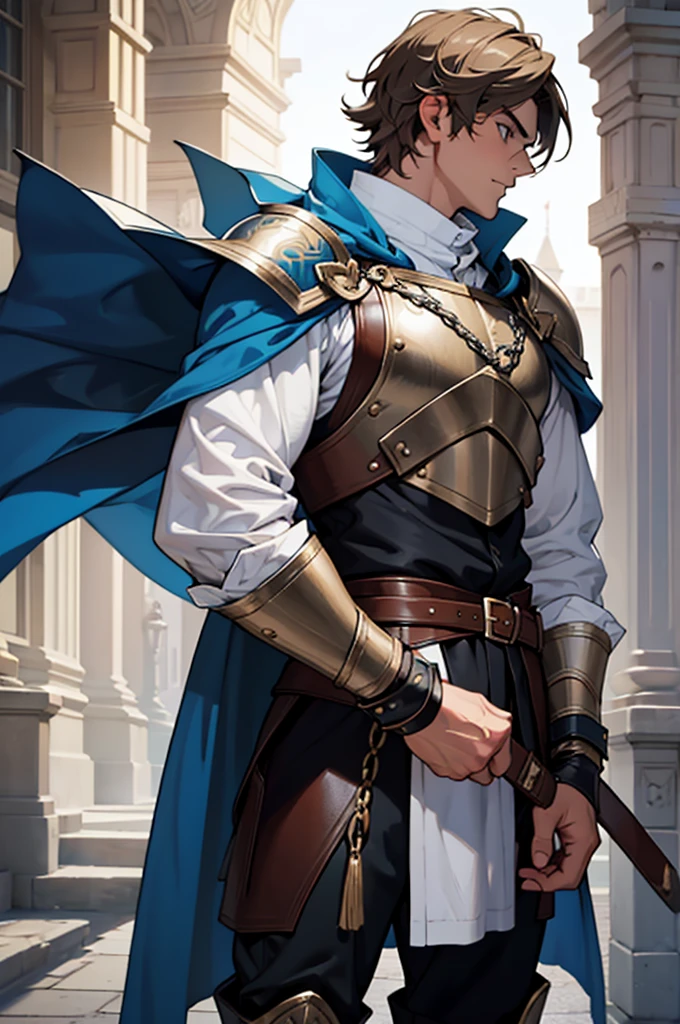 **character description: Young Squire**
**front view:**
name: Arthur de Valmont Age: 17 years old Appearance:
- Arthur is a tall and slender young man, with about 1,80m tall and athletic.
- Your hair is light brown, short and a little disheveled, typical of someone who spends a lot of time in training.
- His eyes are deep green, shining with determination and a touch of youthful naivety.
- Your face is still slightly , but the lines of seriousness and responsibility begin to form.
outfit:
- He wears fitted chainmail, shining in the sunlight, reinforced with steel plates on the shoulders, breastplate and greaves.
- About chain mail, wears a blue and white tabard, the colors of your home, with the Valmont coat of arms embroidered on the chest.
- Wears a short cape secured by a silver lion-shaped brooch, symbol of strength and courage.
- His boots are made of reinforced leather, used but well cared for, indicating experience in combat and long journeys.
Fixtures:
- Holds a large oval battle shield, almost your size, with the family coat of arms painted in bright colors. The shield shows signs of use, with scratches and combat marks.
- At the waist, carries a long sword, simple but effective, with leather-wrapped handle for better grip.
- He has a dagger stuck to the side of his right leg, for emergencies or hand-to-hand combat.
**side view:**
- Sideways, Artur displays his slender silhouette and firm posture. Chainmail and steel plates mold to your body, allowing mobility and protection.
- The battle shield is seen in profile, highlighting its width and the way it is held firmly by the left arm.
- The profile shows the steel plates on the shoulders and the helmet, which has a raised visor, revealing your determined face.
- His longsword hangs on the left side, and the short cape flows smoothly with your movements, without disturbing your quick and precise steps.
- Reinforced leather boots reveal