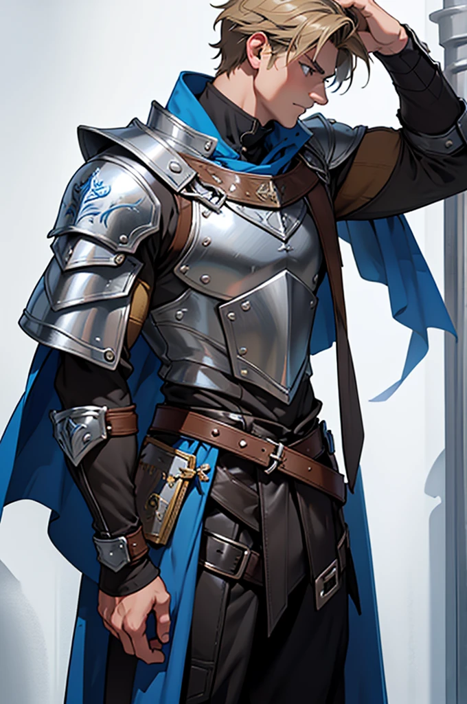 **character description: Young Squire**

**front view:**

name: Arthur de Valmont Age: 17 years old Appearance:
- Arthur is a tall and slender young man, with about 1,80m tall and athletic. 
- Your hair is light brown, short and a little disheveled, typical of someone who spends a lot of time in training.
- His eyes are deep green, shining with determination and a touch of youthful naivety.
- Your face is still slightly , but the lines of seriousness and responsibility begin to form.

outfit:
- He wears fitted chainmail, shining in the sunlight, reinforced with steel plates on the shoulders, breastplate and greaves.
- About chain mail, wears a blue and white tabard, the colors of your home, with the Valmont coat of arms embroidered on the chest.
- Wears a short cape secured by a silver lion-shaped brooch, symbol of strength and courage.
- His boots are made of reinforced leather, used but well cared for, indicating experience in combat and long journeys.

Fixtures:
- Holds a large oval battle shield, almost your size, with the family coat of arms painted in bright colors. The shield shows signs of use, with scratches and combat marks.
- At the waist, carries a long sword, simple but effective, with leather-wrapped handle for better grip.
- He has a dagger stuck to the side of his right leg, for emergencies or hand-to-hand combat.

**side view:**

- Sideways, Artur displays his slender silhouette and firm posture. Chainmail and steel plates mold to your body, allowing mobility and protection.
- The battle shield is seen in profile, highlighting its width and the way it is held firmly by the left arm.
- The profile shows the steel plates on the shoulders and the helmet, which has a raised visor, revealing your determined face.
- His longsword hangs on the left side, and the short cape flows smoothly with your movements, without disturbing your quick and precise steps.
- Reinforced leather boots reveal
