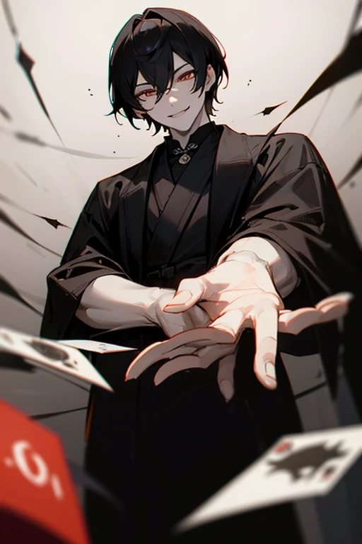 Dark Shadows、In a dark room、Monochrome、darkness、solo、male性、male、Short Hair、Golden eyes、adult、Alluring、Chinese style、Black robe、Cool Beauty、Underworld person、Chinese mafia、gambler、gambling maniac、illegal gambling、mad Men、murderer、sex appeal、floating々、Dark Smile、grin、suspicious、Alluring、No highlights in the eyes、Toy、From below