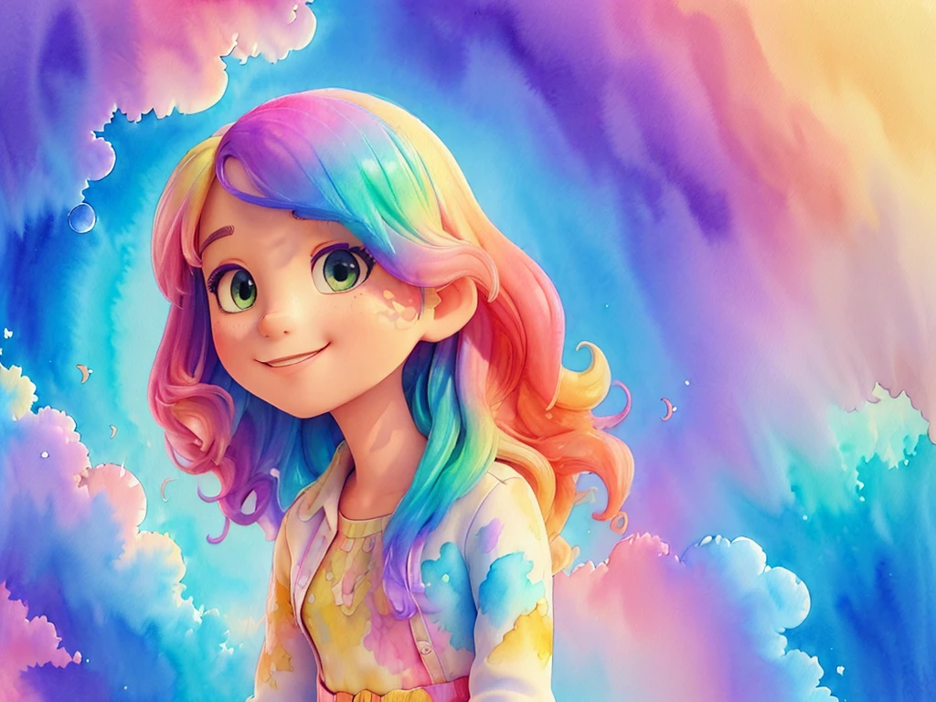 (Masterpiece, Top Quality, Best Quality, Watercolor (Medium), Official Art, Beautiful and Aesthetic: 1.2), (1 Girl: 1.3), (Fractal Art: 1.3), Morning, Good Morning, Smile, Sunny Day, Cheerful, Look Viewer, Pattern, Wave, (Iridescent Hair, Colorful Hair: 1.2), Sky, Gas, Clouds, Colorful, Soap Bubbles