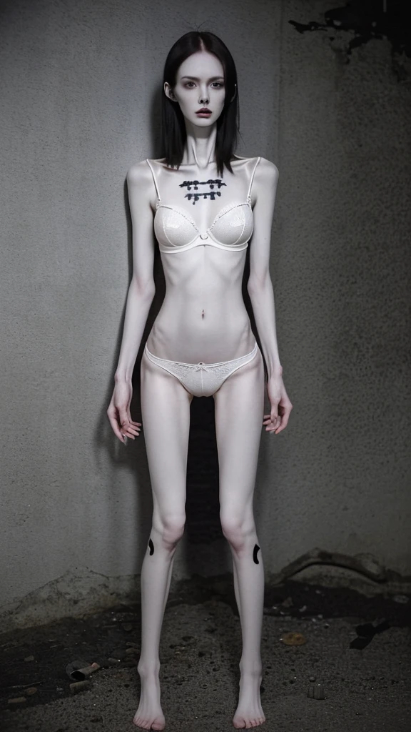 a woman, very thin body, body visible bones, very slender, pale white skin, panties, bra,tatto, full body, has a mental breakdown in an underground prison , down