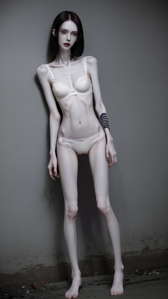 a woman, very thin body, body visible bones, very slender, pale white skin, panties, bra,tatto, full body, has a mental breakdown in an underground prison , down