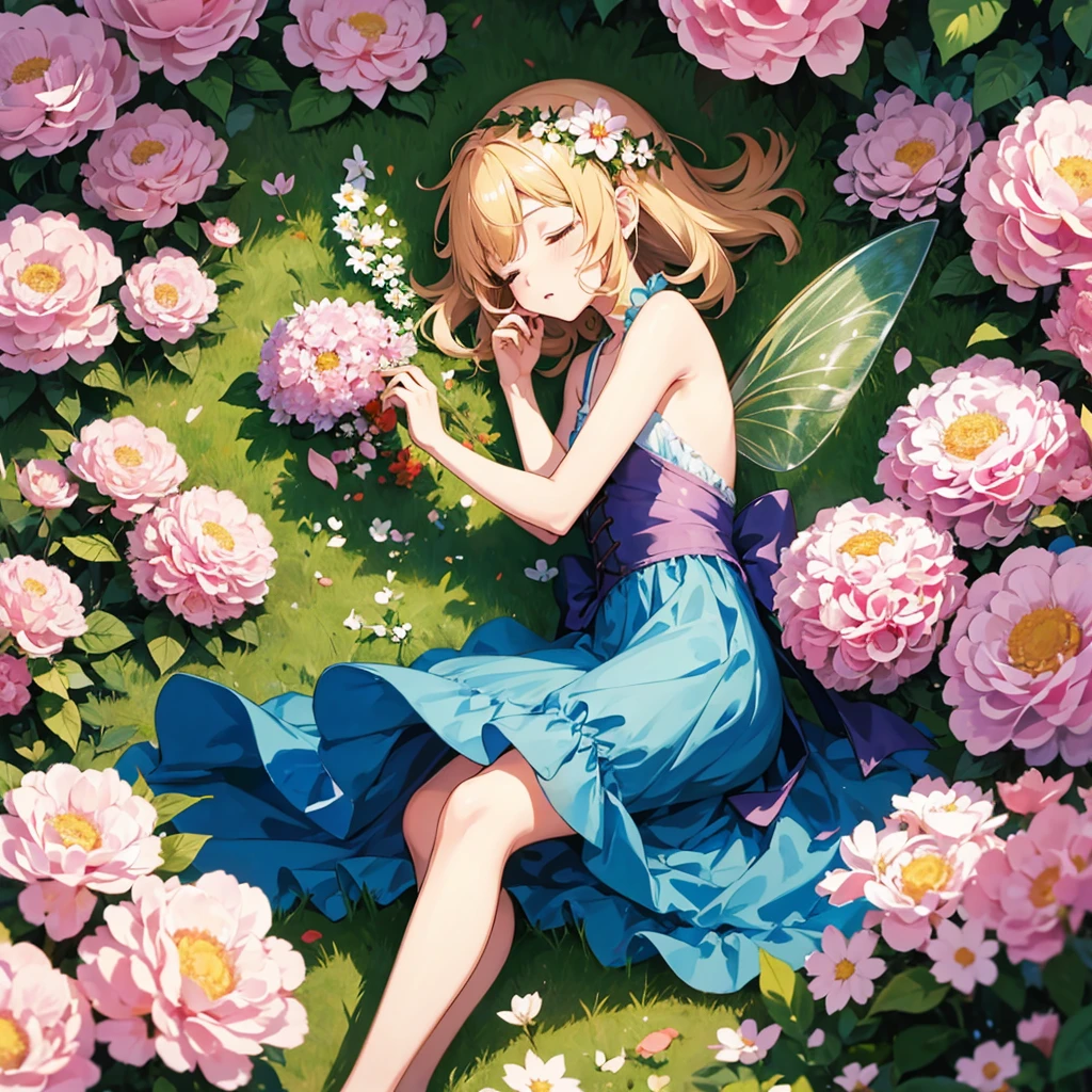 Anime. Fairy. Wings. Tiny. laying in a nest of flowers sleeping peacefully. High definition. High quality. High resolution. Detailed anime.