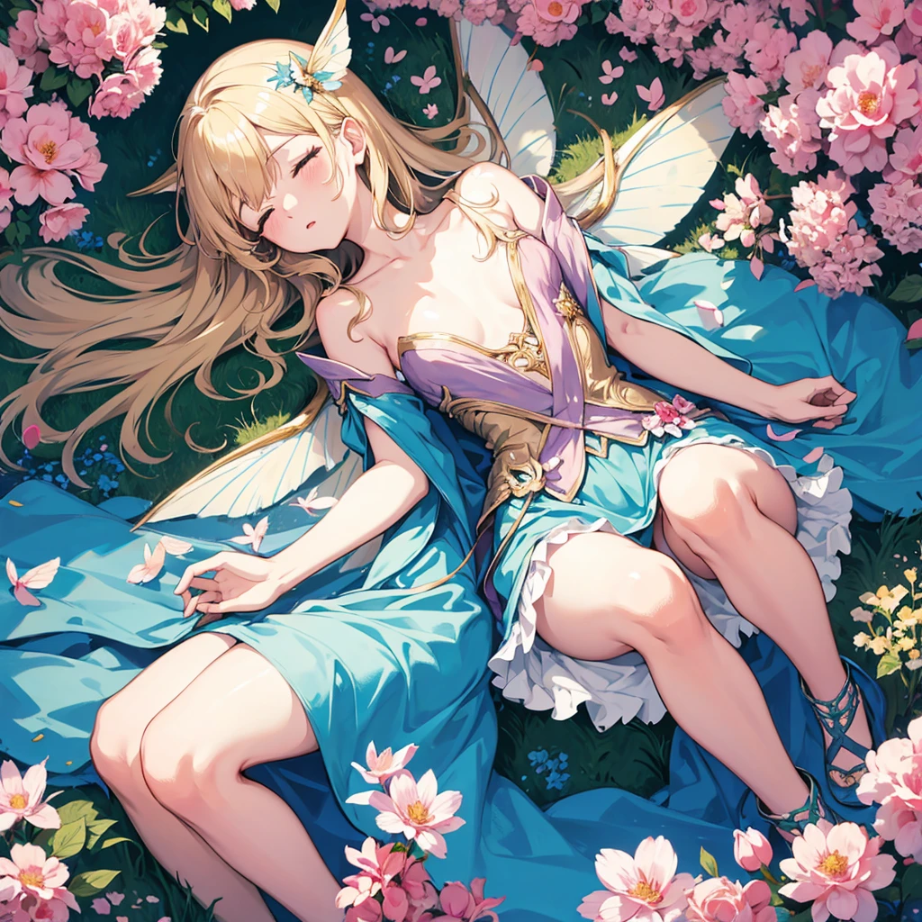Anime. Fairy. Wings. Tiny. laying in a nest of flowers sleeping peacefully. High definition. High quality. High resolution. Detailed anime.