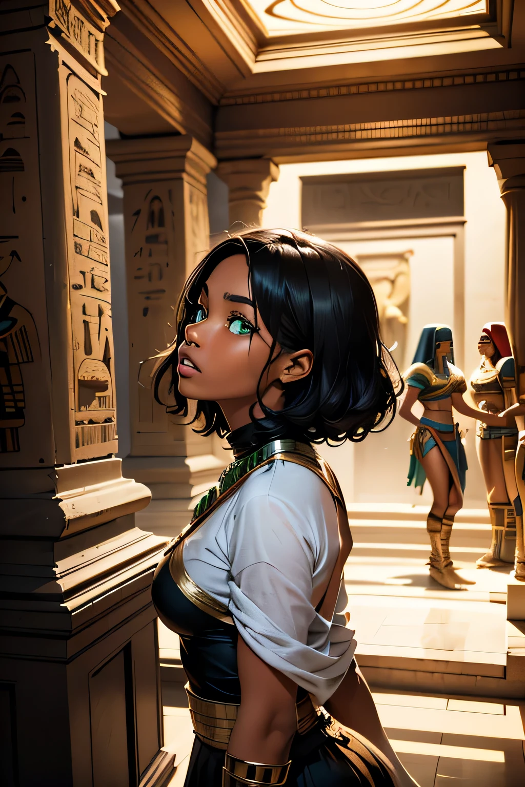 A captivating side view of a cute 16 yo female black teen in (Brown skin, green eyes, wavy short black hair, dressed as mummy. Surprised but defiant, (rising from a sarcophagus) inside a Egyptian museum. A couple of undeads are praising her. in epic fantasy style