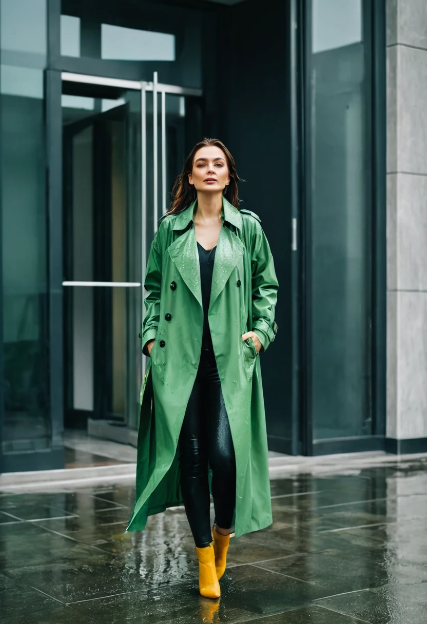 a woman, walking into a building, coming inside, out of the rain, wet clothes. taking off a green trenchcoat. stylish beautiful woman. open foyer of a large trendy office