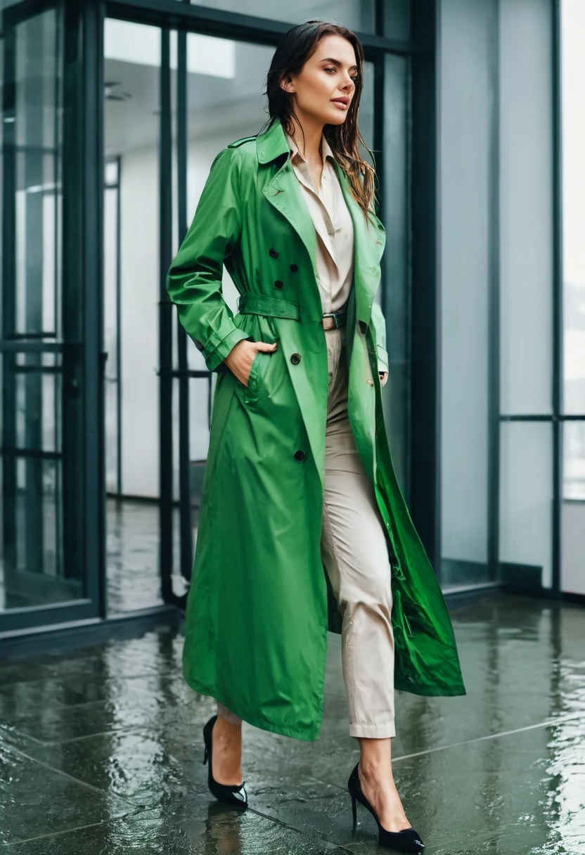 a woman, walking into a building, coming inside, out of the rain, wet clothes. taking off a green trenchcoat. stylish beautiful woman. open foyer of a large trendy office