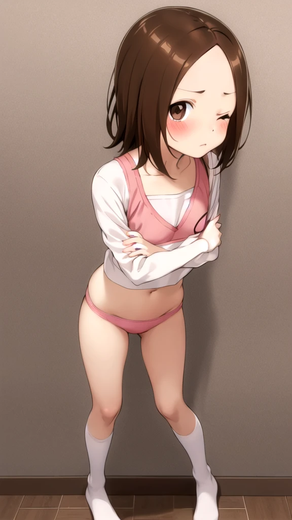 chii, 1girl, solo, brown hair, medium hair, parted bangs, forehead, brown eyes, blush, one eye closed, serafuku, tight bra and panties,  full body, crossed arms, looking at viewer