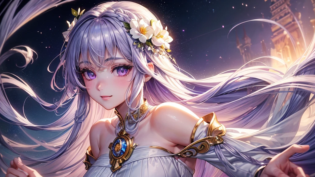 (最high quality, High resolution:1.2), Super detailed, Mysterious, Ethereal atmosphere, Beautiful attention to detail, Detailed lips, masterpiece, Shrinkage rate(8K, 最high quality, masterpiece: 1.2), Fire emblem: Genealogy of the Holy War,Deirdre,purplish-silver hair,Wavy Hair,Curly Hair,Long walking stick,White robe,beautiful girl,Moonlit Night,sexy,Glamour,Purple eyes,sacred,Dynamic pose,One Girl,Flower Field,Lakeside(the best品質を最高に8K, CG, Beautiful and exquisite upper body, Complex facial features, Almond Eyes, Exquisite eye makeup, Long eyelashes fluttering, Blinking big eyes, (masterpiece, 最high quality, the best, Official Art, Beautiful and beautiful, Long-term exposure: 1., Smooth movement, Attractive patterns, 1 Girl,  (((White clothes) )), Delicate face,Lavender colored hair, Gradient Hair,Long Hair, Bare shoulders, ,Detailed Background, Delicate face,, Dynamic pose, Suspended particles, Ethereal atmosphere,gem,One Girl,goddess，Delicate and beautiful face,Flowing，Perfect balance, masterpiece, Textured skin, Very detailed, High detail, high quality, High resolution,Smile